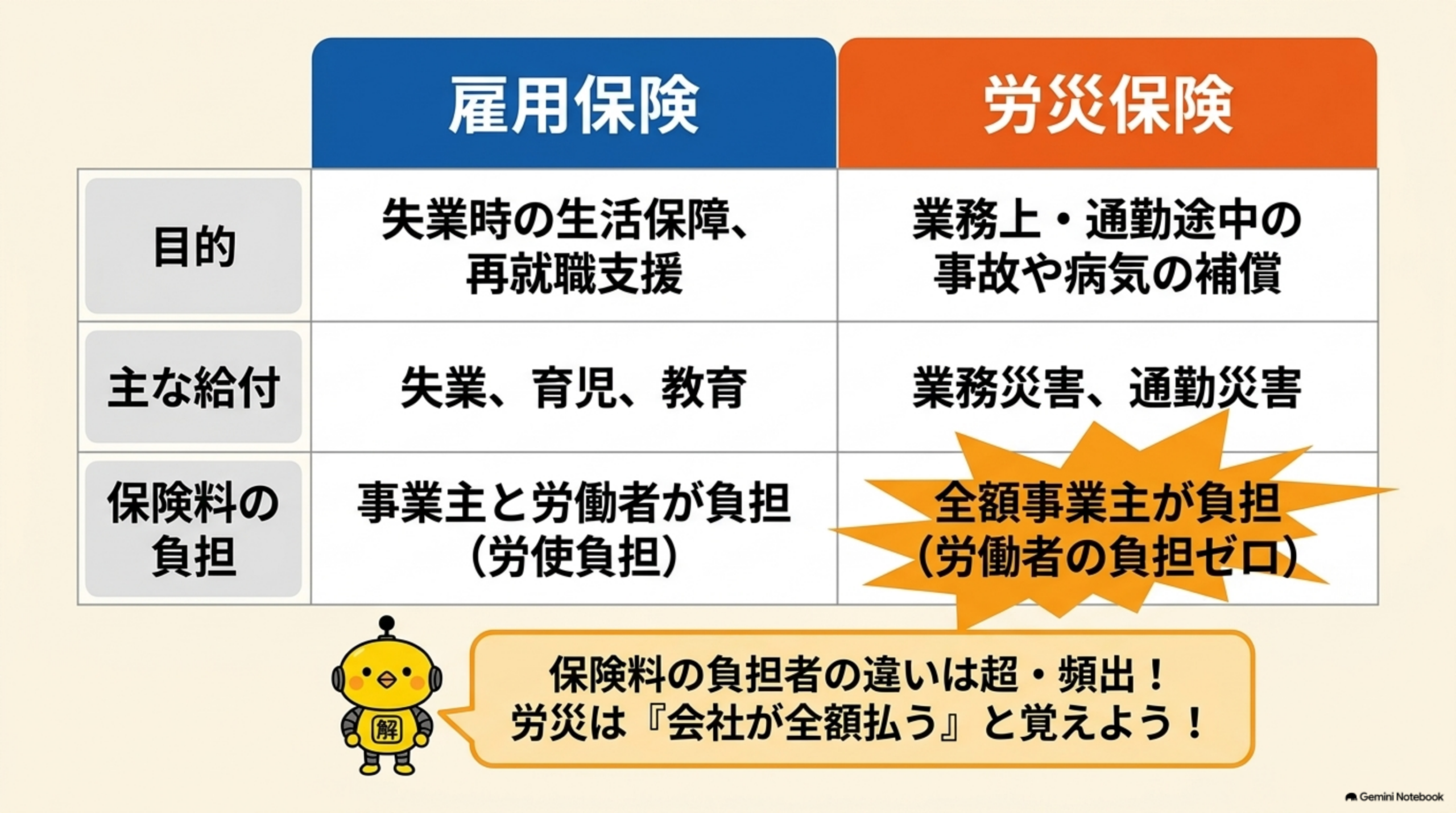 雇用保険と労災保険の目的・給付・保険料負担の比較