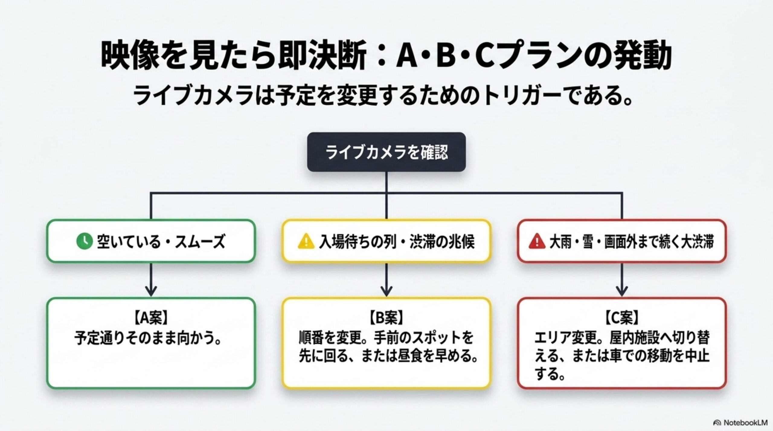 映像を見たら即決断：A・B・Cプランの発動という見出しと、ライブカメラは予定を変更するためのトリガーであるという説明、「ライブカメラを確認」から、空いている・スムーズ→【A案】予定通りそのまま向かう、入場待ちの列・渋滞の兆候→【B案】順番を変更。手前のスポットを先に回る、または昼食を早める、大雨・雪・画面外まで続く大渋滞→【C案】エリア変更。屋内施設へ切り替える、または車での移動を中止するへ分岐するフローチャート
