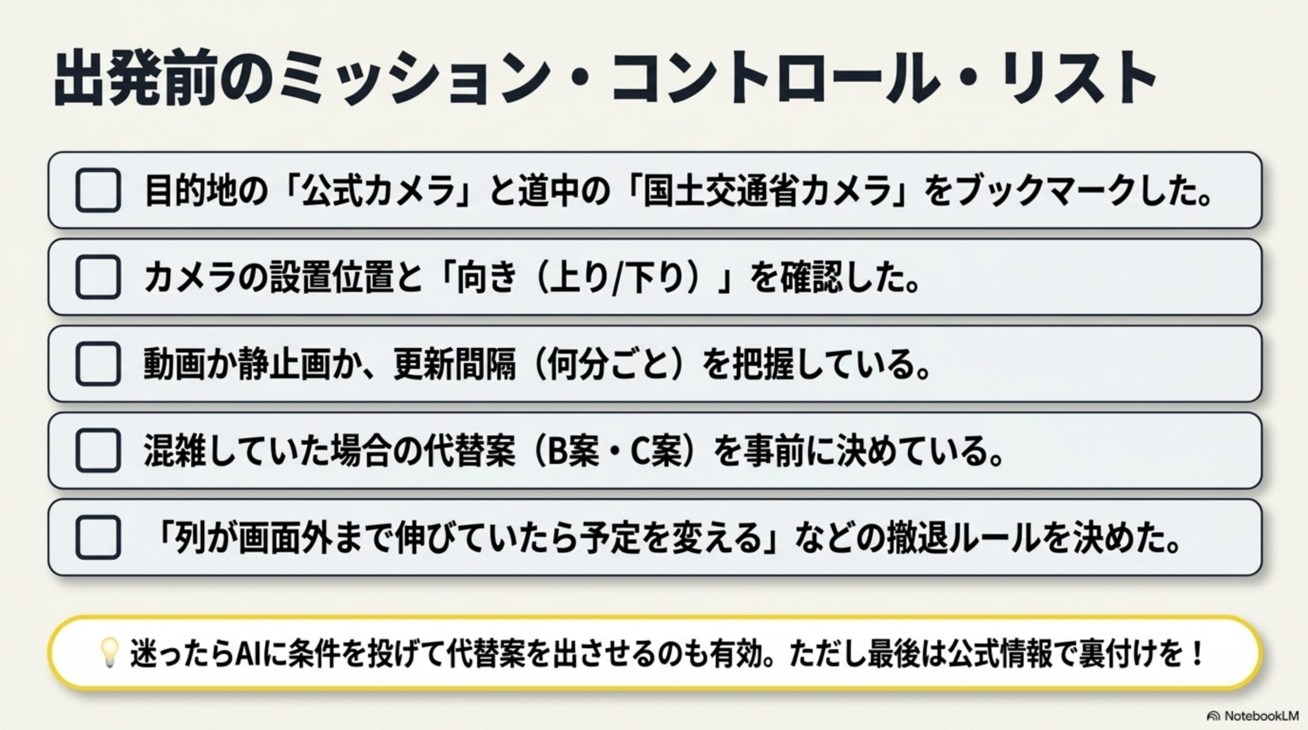 出発前のミッション・コントロール・リストという見出しと、目的地の「公式カメラ」と道中の「国土交通省カメラ」をブックマークした、カメラの設置位置と「向き(上り/下り)」を確認した、動画か静止画か、更新間隔(何分ごと)を把握している、混雑していた場合の代替案(B案・C案)を事前に決めている、「列が画面外まで伸びていたら予定を変える」などの撤退ルールを決めた、という5項目のチェックリストと、迷ったらAIに条件を投げて代替案を出させるのも有効。ただし最後は公式情報で裏付けを！という結論付き