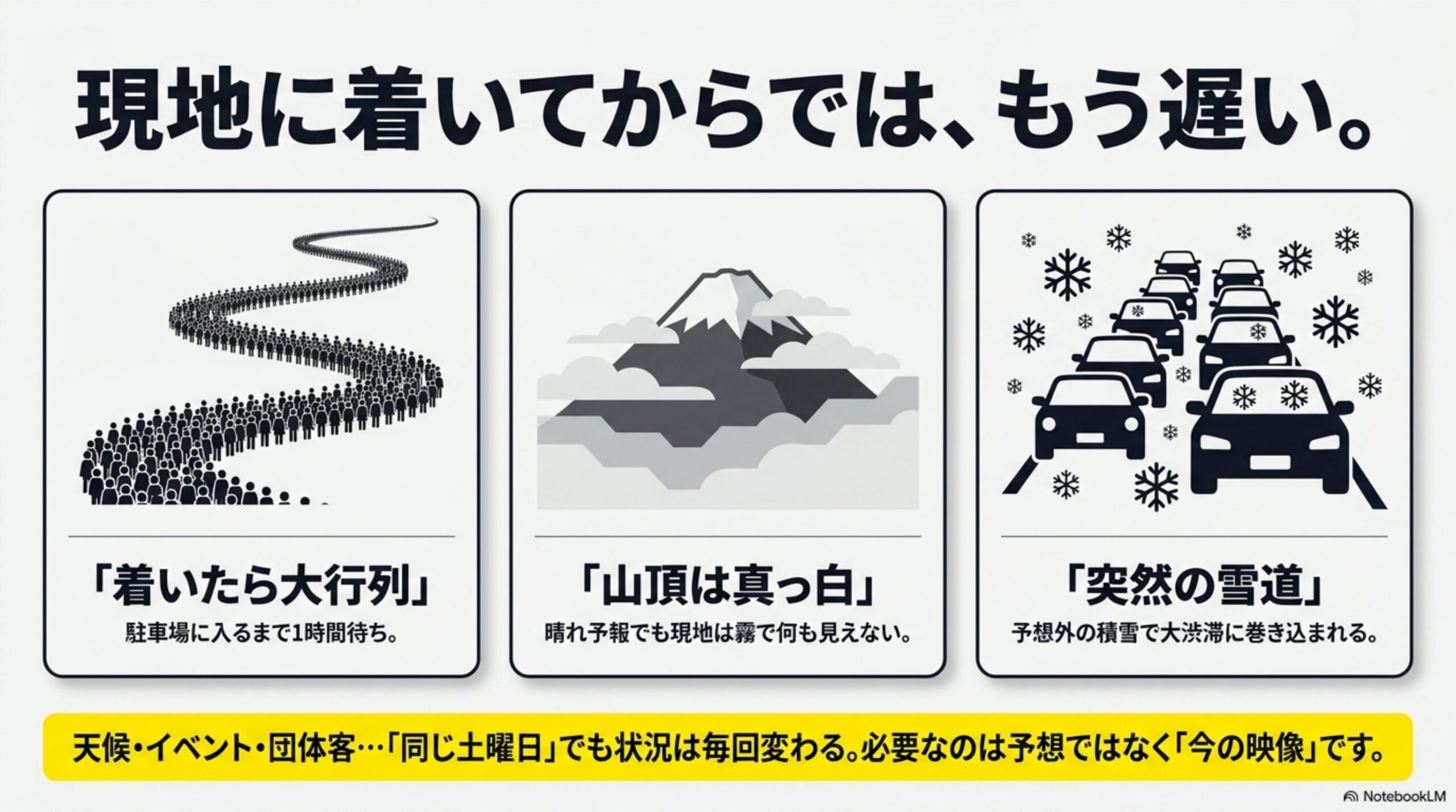 現地に着いてからでは、もう遅い。という見出しと、「着いたら大行列」（駐車場に入るまで1時間待ち）、「山頂は真っ白」（晴れ予報でも現地は霧で何も見えない）、「突然の雪道」（予想外の積雪で大渋滞に巻き込まれる）という3つのイラストと、天候・イベント・団体客…「同じ土曜日」でも状況は毎回変わる。必要なのは予想ではなく「今の映像」ですという結論付き