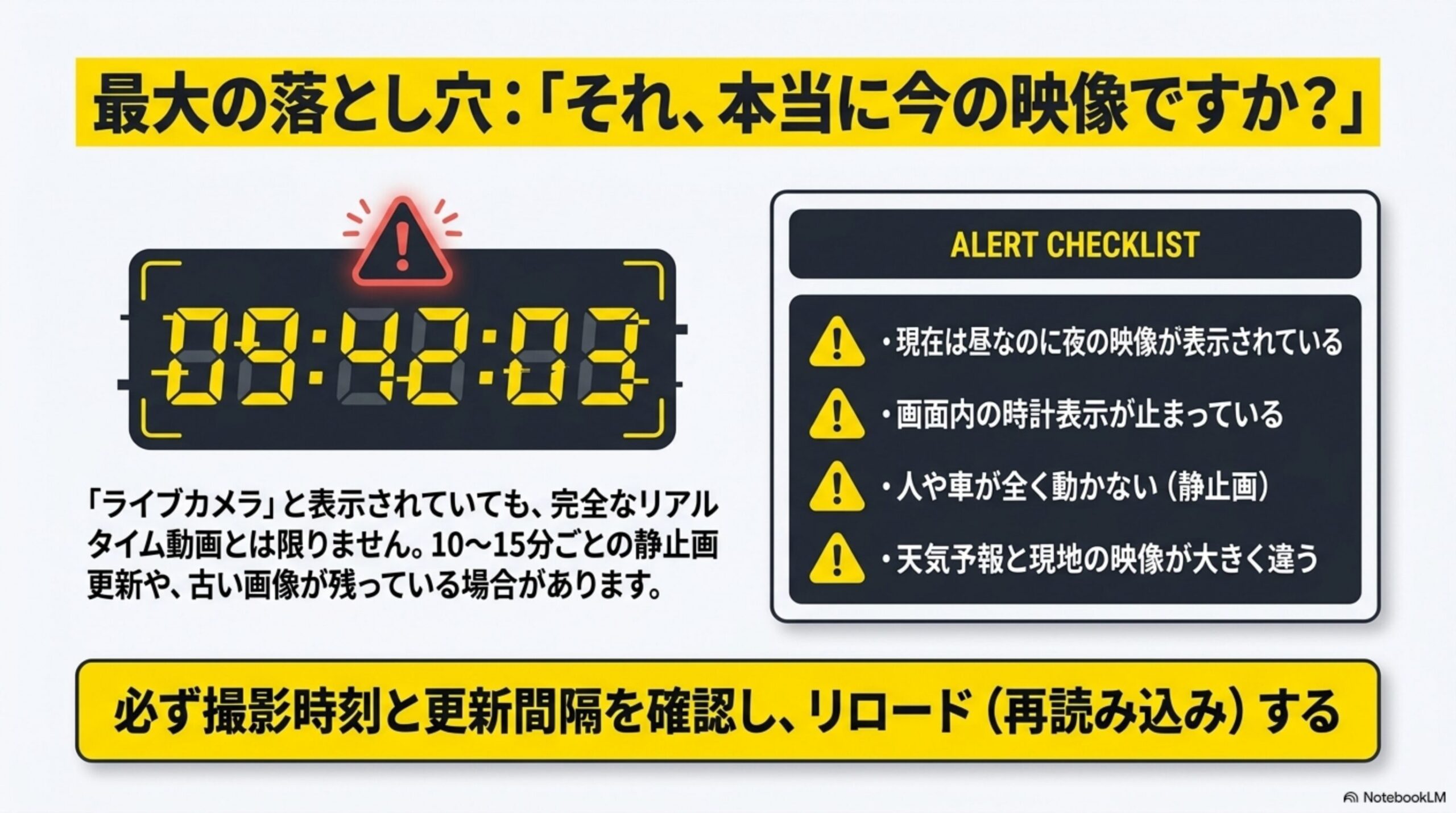 最大の落とし穴：「それ、本当に今の映像ですか？」という見出しと、09:42:03という時刻表示のデジタル時計のイラストに警告マーク、「ライブカメラ」と表示されていても、完全なリアルタイム動画とは限りません。10〜15分ごとの静止画更新や、古い画像が残っている場合がありますという説明、ALERT CHECKLIST（現在は昼なのに夜の映像が表示されている／画面内の時計表示が止まっている／人や車が全く動かない(静止画)／天気予報と現地の映像が大きく違う）という4項目の警告リスト、必ず撮影時刻と更新間隔を確認し、リロード（再読み込み）するという結論付き