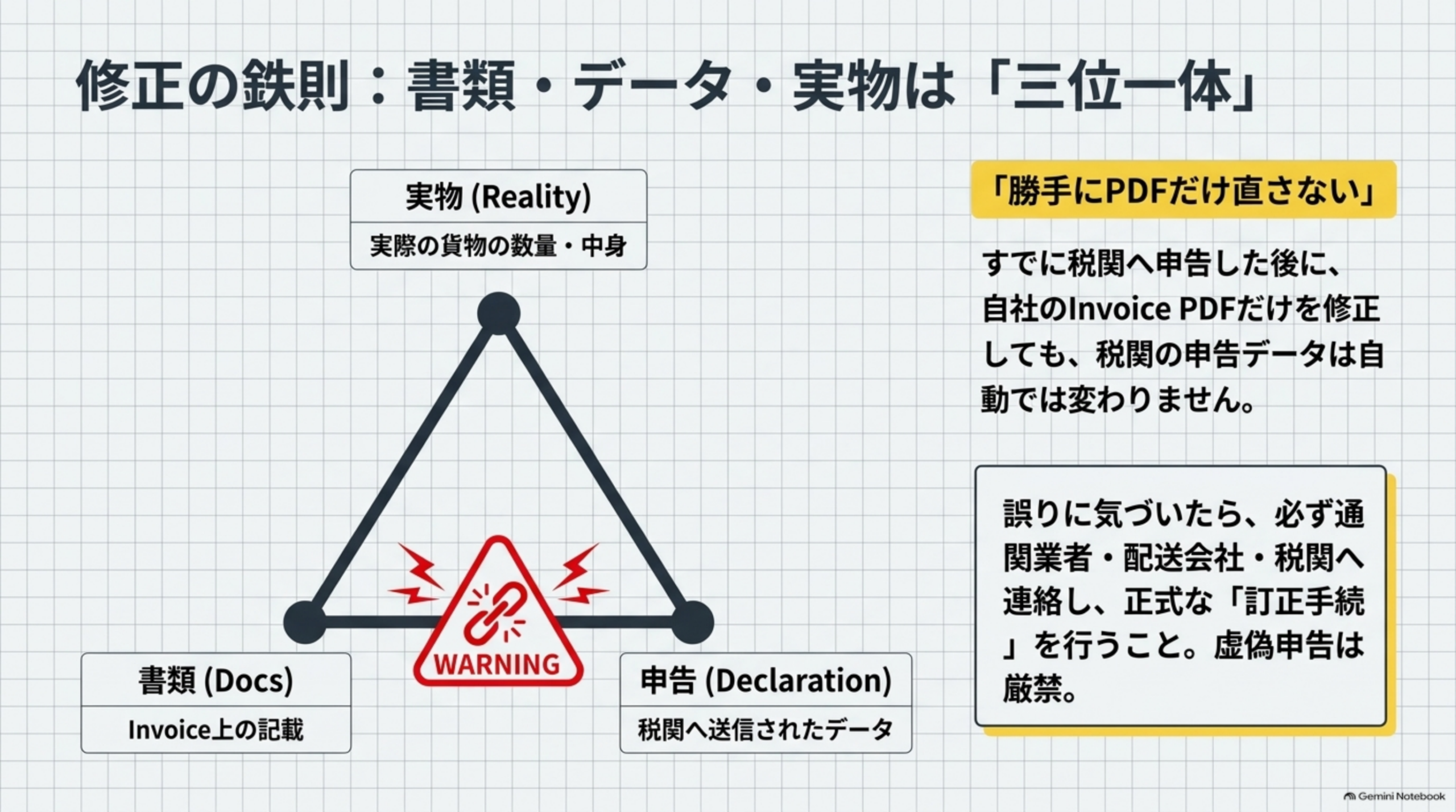 修正の鉄則、書類・データ・実物は三位一体。実物Reality・書類Docs（Invoice上の記載）・申告Declaration（税関へ送信されたデータ）を一致させる。すでに税関へ申告した後に自社のInvoice PDFだけを修正しても税関の申告データは自動では変わらない。誤りに気づいたら必ず通関業者・配送会社・税関へ連絡し正式な訂正手続を行う、虚偽申告は厳禁