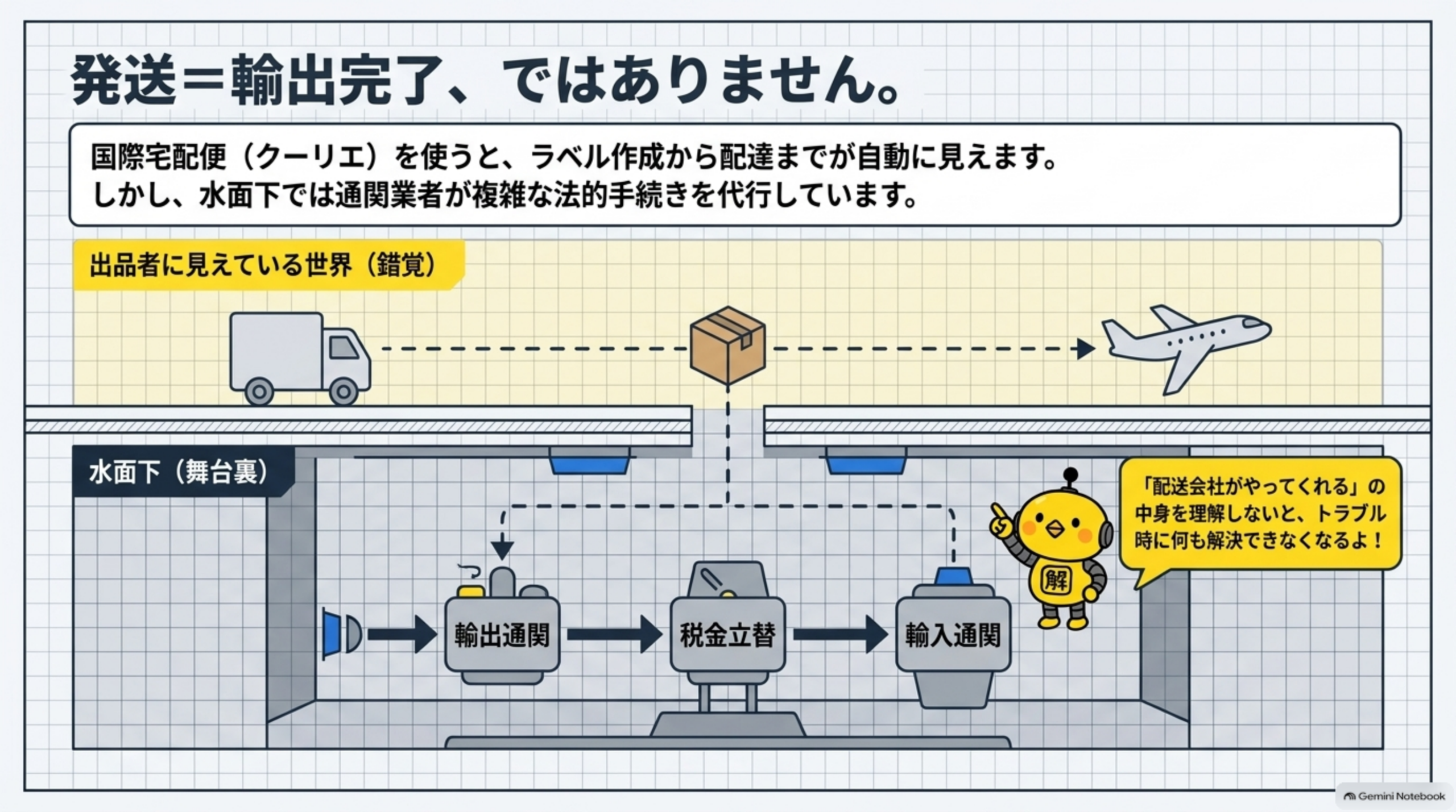 発送＝輸出完了ではない。国際宅配便を使うと出品者にはラベル作成→集荷→海外配送だけに見えるが、水面下では輸出通関→税金立替→輸入通関という手続が進んでいる