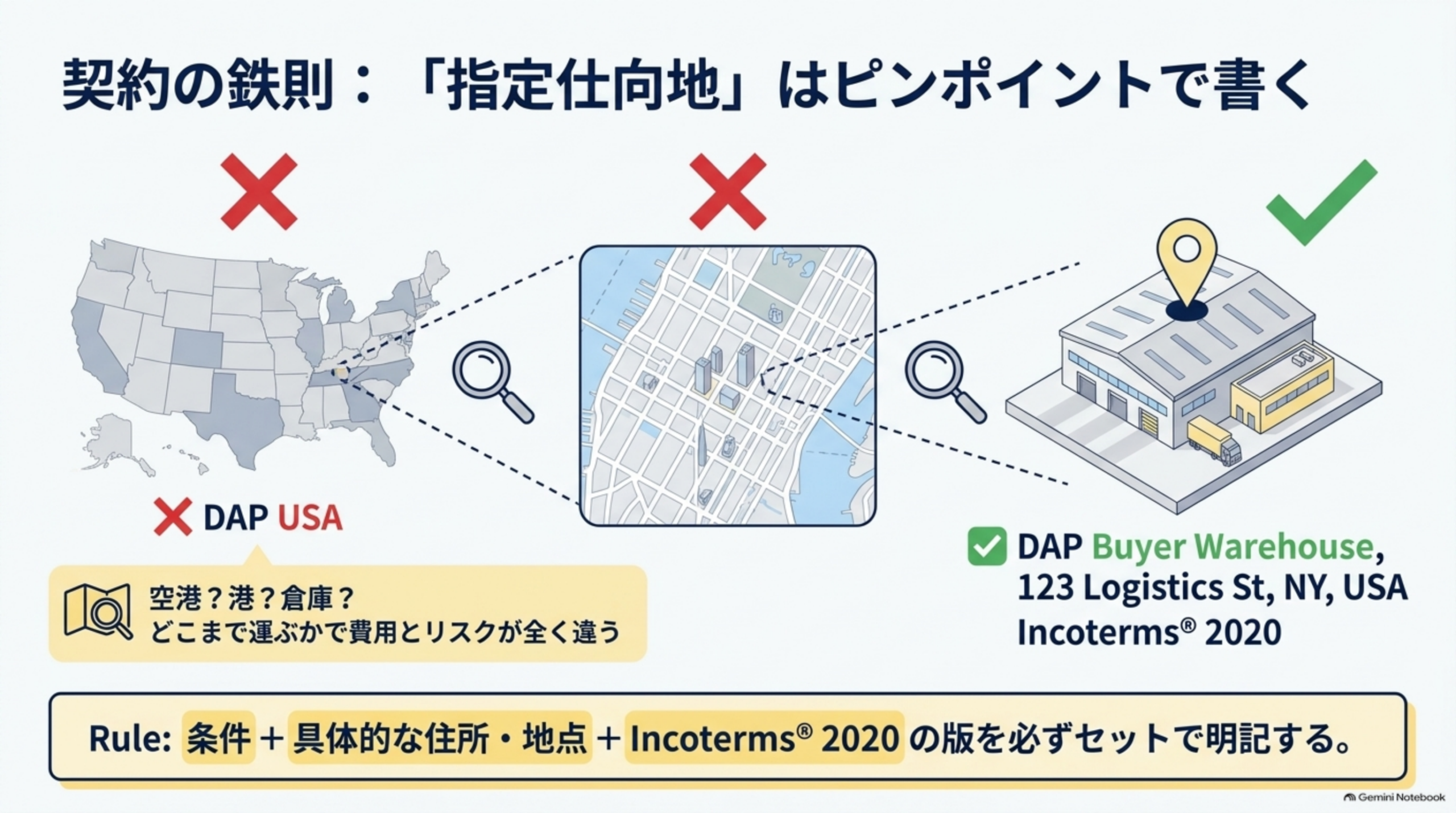 契約の鉄則、指定仕向地はピンポイントで書く。DAP USAはバツ(州すら特定できない)、州や都市を絞ってもまだバツ、建物・住所まで特定してマル。DAP Buyer Warehouse, 123 Logistics St, NY, USA Incoterms 2020のように条件・具体的な住所・地点・Incoterms 2020の版を必ずセットで明記する