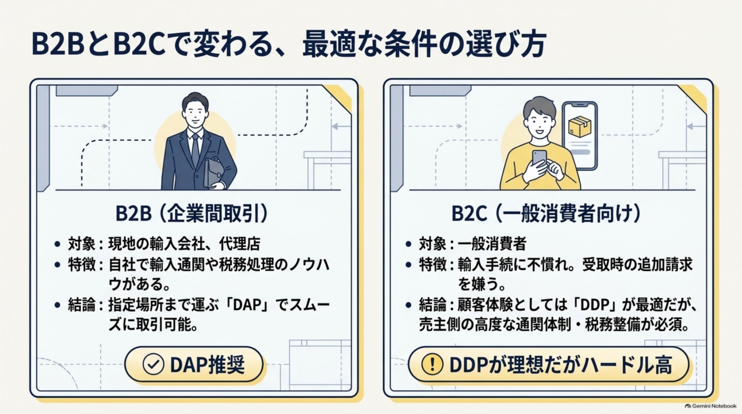 B2BとB2Cで変わる最適な条件の選び方。B2B企業間取引は対象が現地の輸入会社・代理店、自社で輸入通関や税務処理のノウハウがあればDAPでスムーズに取引可能。B2C一般消費者向けは輸入手続に不慣れで受取時の追加請求を嫌うため顧客体験としてはDDPが最適だが売主側の高度な通関体制・税務整備が必須