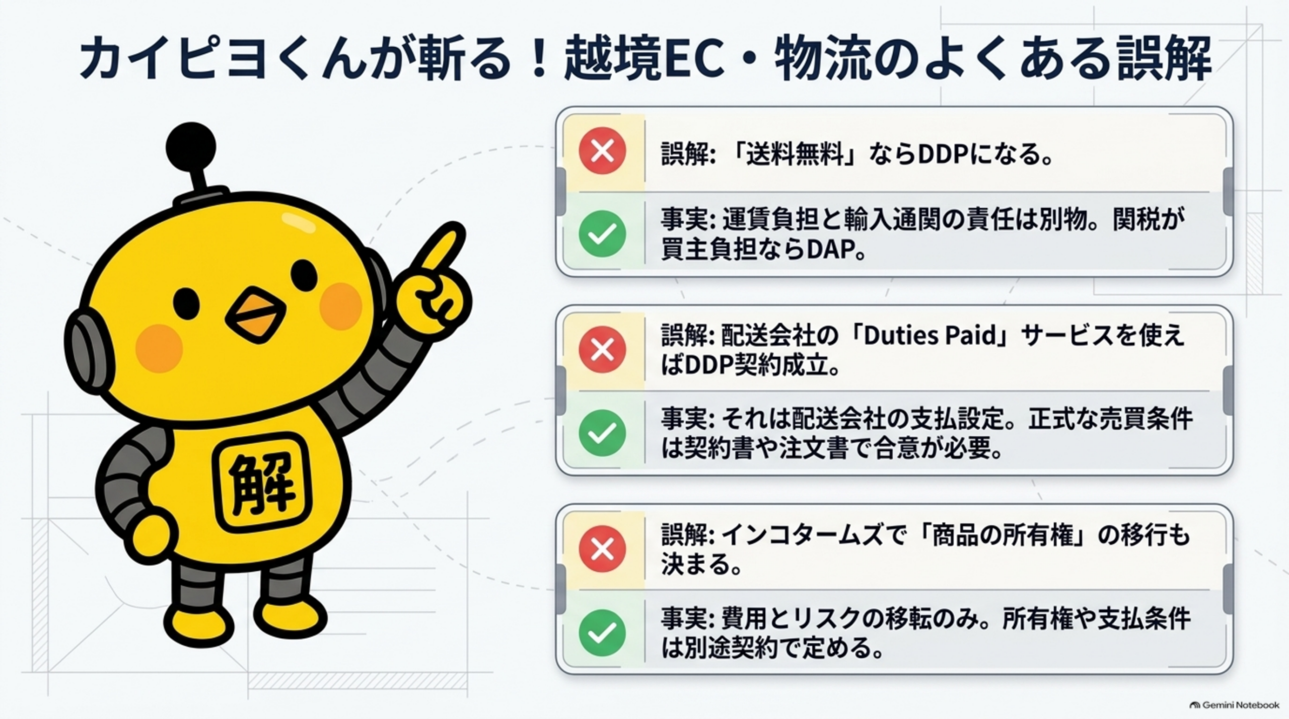 カイピヨくんが斬る、越境EC・物流のよくある誤解。誤解:送料無料ならDDPになる→事実:運賃負担と輸入通関の責任は別物、関税が買主負担ならDAP。誤解:配送会社のDuties Paidサービスを使えばDDP契約成立→事実:それは配送会社の支払設定、正式な売買条件は契約書や注文書で合意が必要。誤解:インコタームズで商品の所有権の移行も決まる→事実:費用とリスクの移転のみ、所有権や支払条件は別途契約で定める