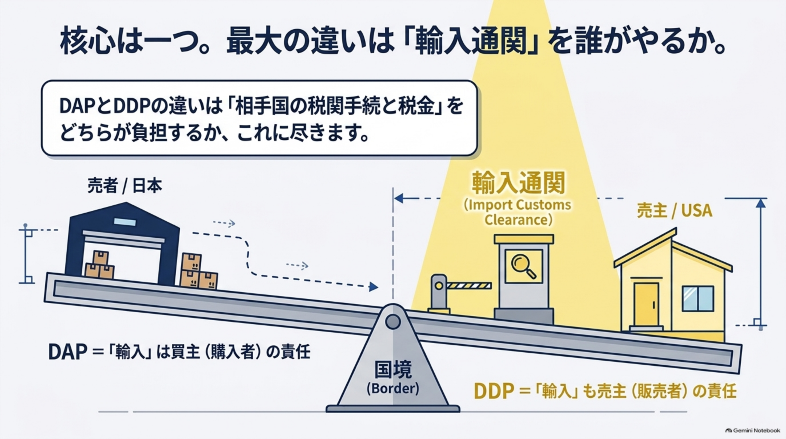 核心は一つ、最大の違いは輸入通関を誰がやるか。シーソー図、DAPは輸入は買主(購入者)の責任、DDPは輸入も売主(販売者)の責任