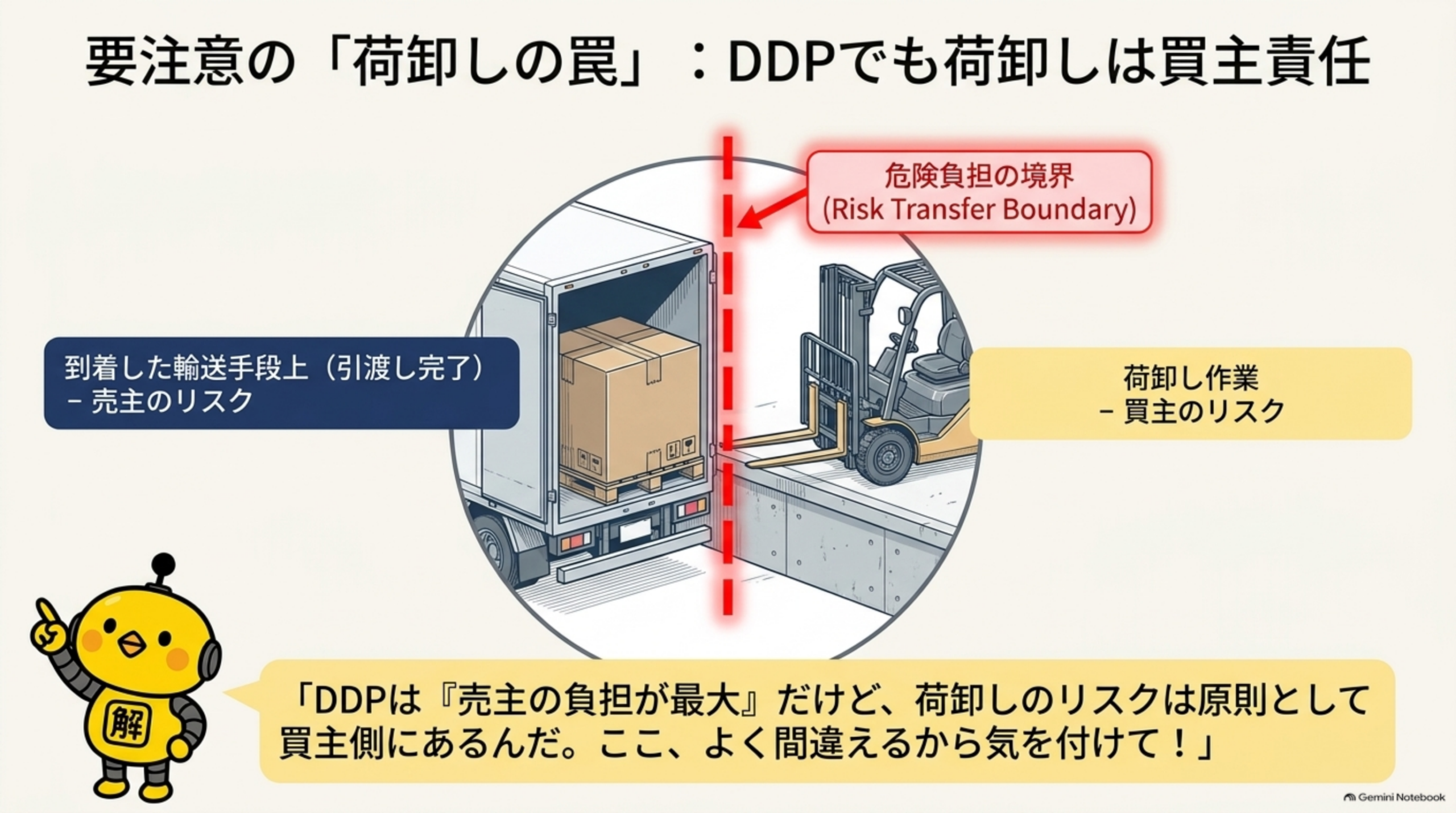 要注意の荷卸しの罠、DDPでも荷卸しは買主責任。危険負担の境界Risk Transfer Boundary、到着した輸送手段上(引渡し完了・売主のリスク)と荷卸し作業(買主のリスク)の間に線がある
