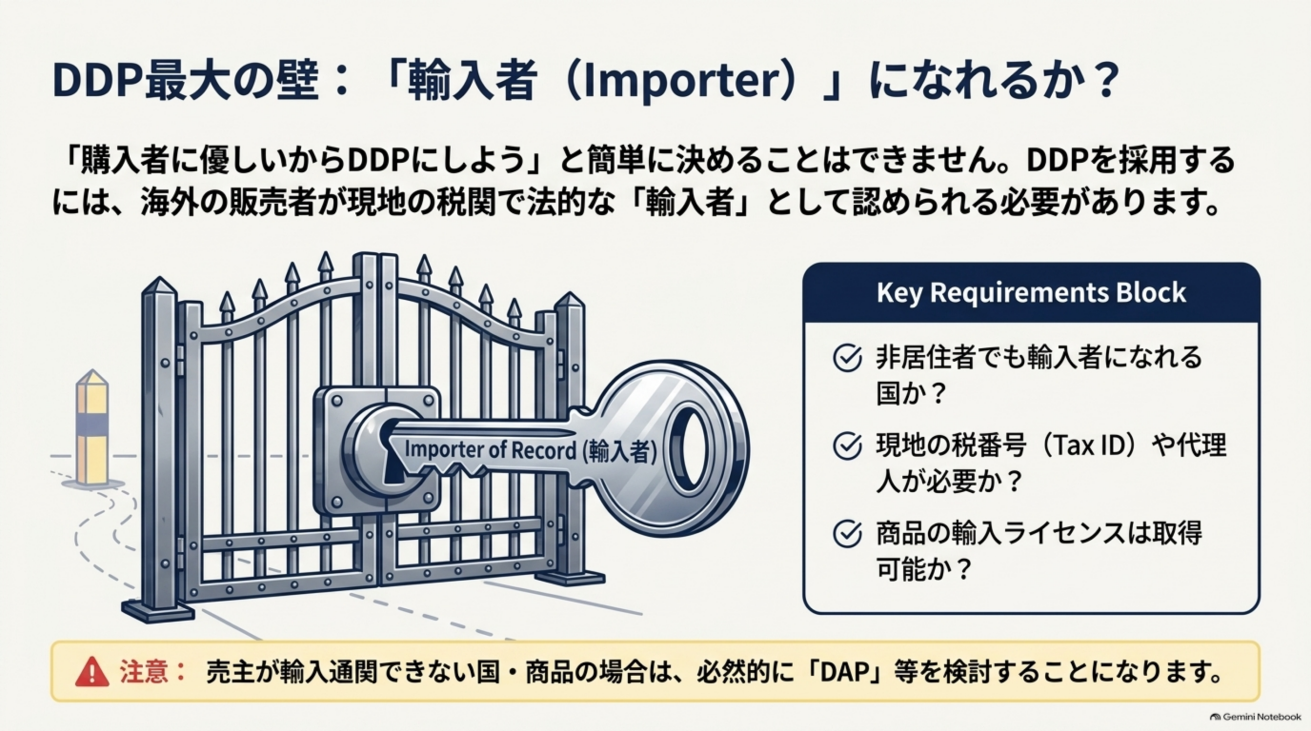 DDP最大の壁、輸入者Importerになれるか。購入者に優しいからDDPにしようと簡単に決めることはできない。非居住者でも輸入者になれる国か、現地の税番号Tax IDや代理人が必要か、商品の輸入ライセンスは取得可能か。売主が輸入通関できない国・商品の場合は必然的にDAP等を検討することになる