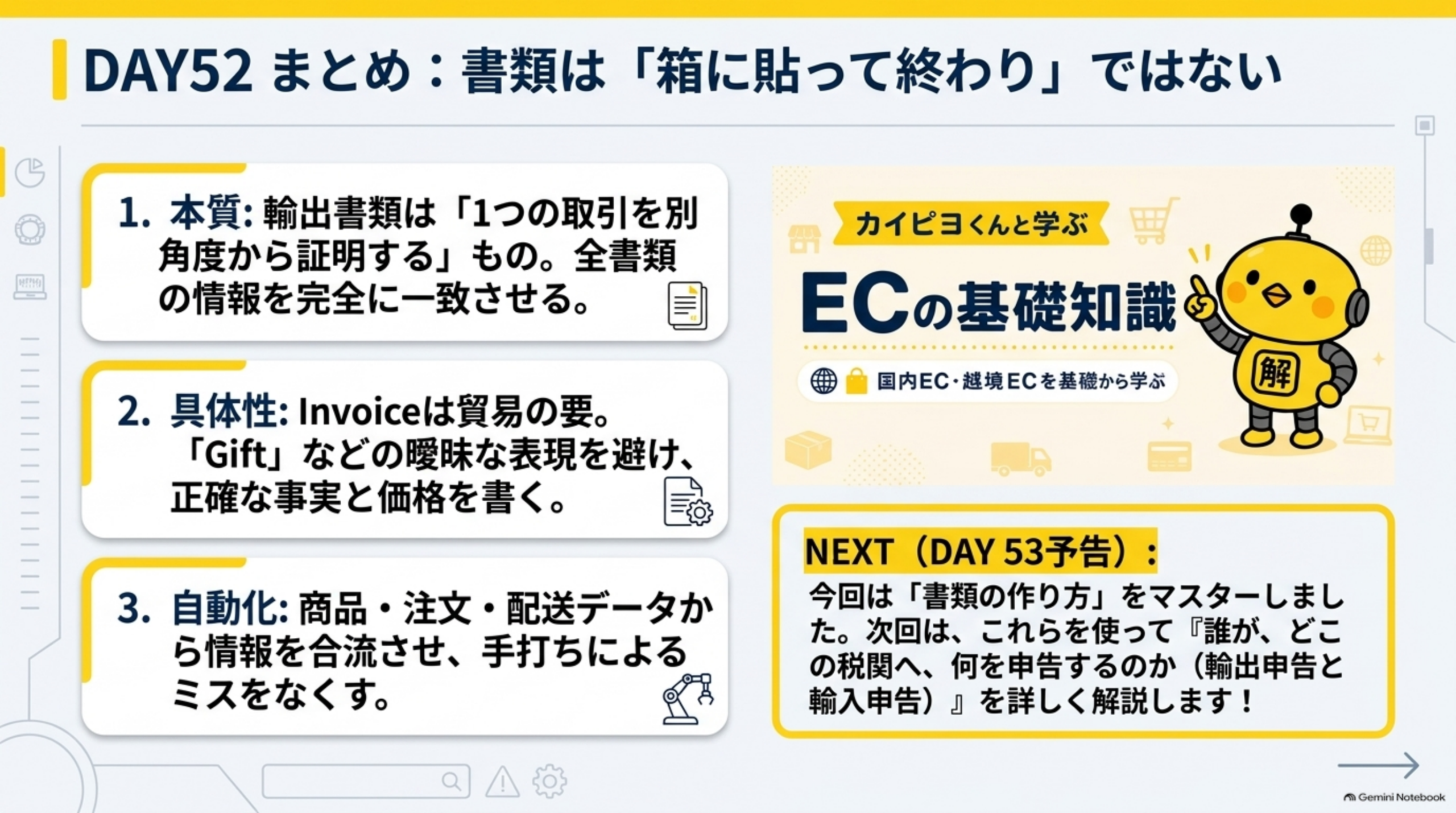 DAY52まとめ：書類は「箱に貼って終わり」ではない。1.本質：輸出書類は「1つの取引を別角度から証明する」もの。全書類の情報を完全に一致させる。2.具体性：Invoiceは貿易の要。「Gift」などの曖昧な表現を避け、正確な事実と価格を書く。3.自動化：商品・注文・配送データから情報を合流させ、手打ちによるミスをなくす。NEXT（DAY53予告）：今回は「書類の作り方」をマスターした。次回はこれらを使って「誰が、どこの税関へ、何を申告するのか（輸出申告と輸入申告）」を詳しく解説する