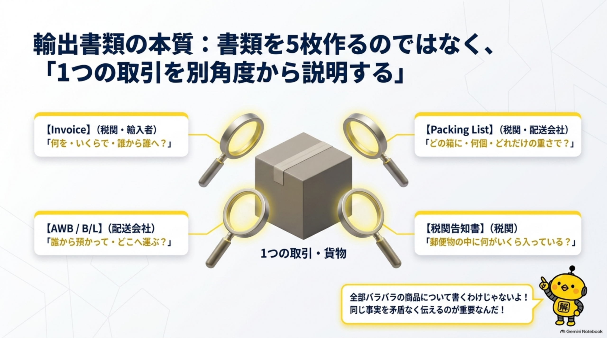 輸出書類の本質：書類を5枚作るのではなく、「1つの取引を別角度から説明する」。Invoice（税関・輸入者）「何を・いくらで・誰から誰へ？」、Packing List（税関・配送会社）「どの箱に・何個・どれだけの重さで？」、AWB／B/L（配送会社）「誰から預かって・どこへ運ぶ？」、税関告知書（税関）「郵便物の中に何がいくら入っている？」。全部バラバラの商品について書くわけじゃない、同じ事実を矛盾なく伝えるのが重要なんだ、とカイピヨくんが解説