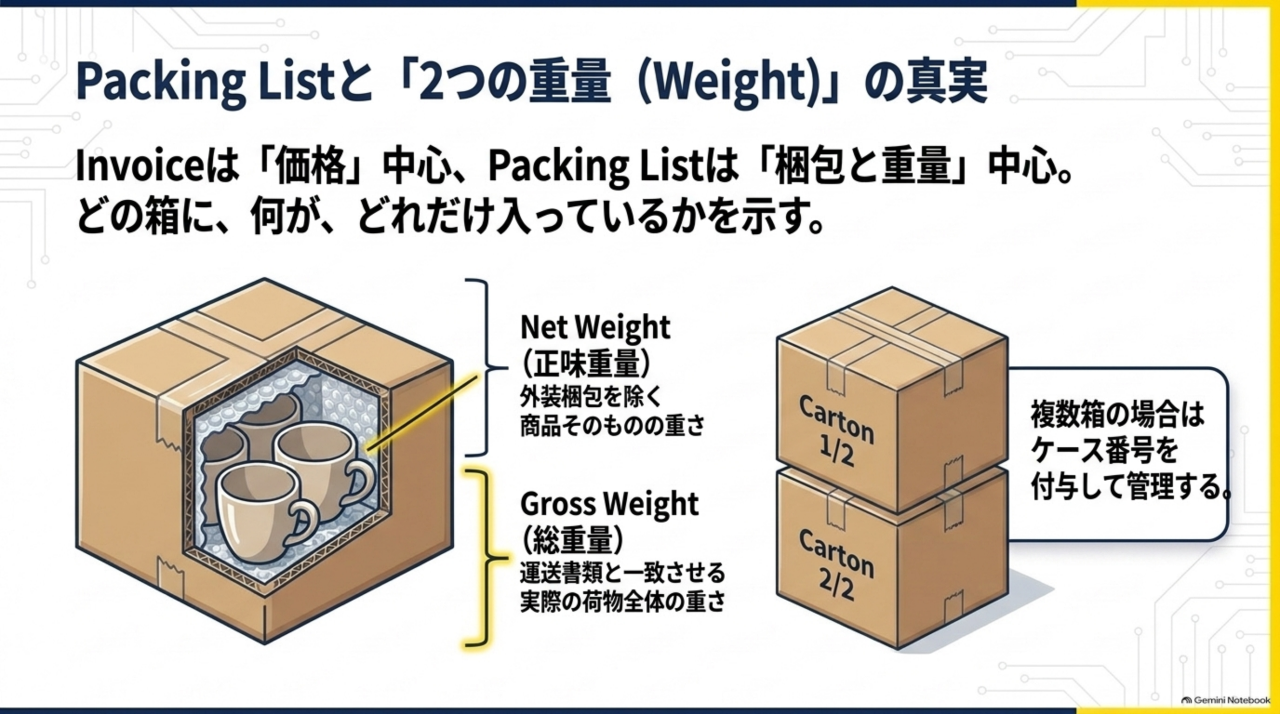 Packing Listと「2つの重量（Weight）」の真実。Invoiceは「価格」中心、Packing Listは「梱包と重量」中心。どの箱に、何が、どれだけ入っているかを示す。Net Weight（正味重量）は外装梱包を除く商品そのものの重さ。Gross Weight（総重量）は運送書類と一致させる実際の荷物全体の重さ。複数箱の場合はCarton1/2、Carton2/2のようにケース番号を付与して管理する