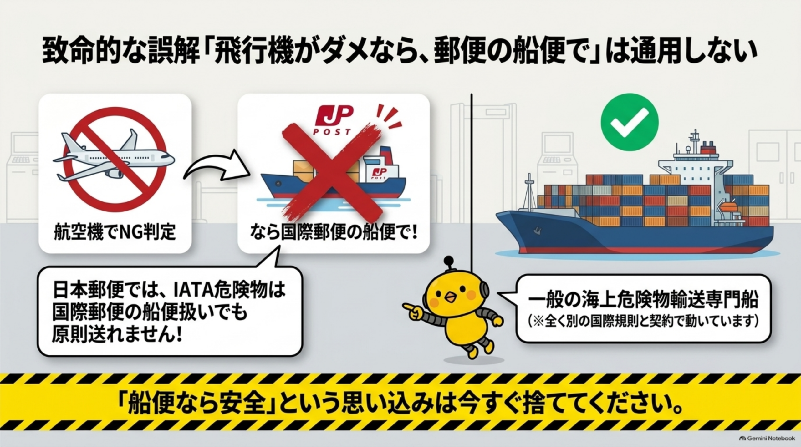 致命的な誤解「飛行機がダメなら郵便の船便で」は通用しない。日本郵便ではIATA危険物は国際郵便の船便扱いでも原則送れない。一般の海上危険物輸送専門船は全く別の国際規則と契約で動いている