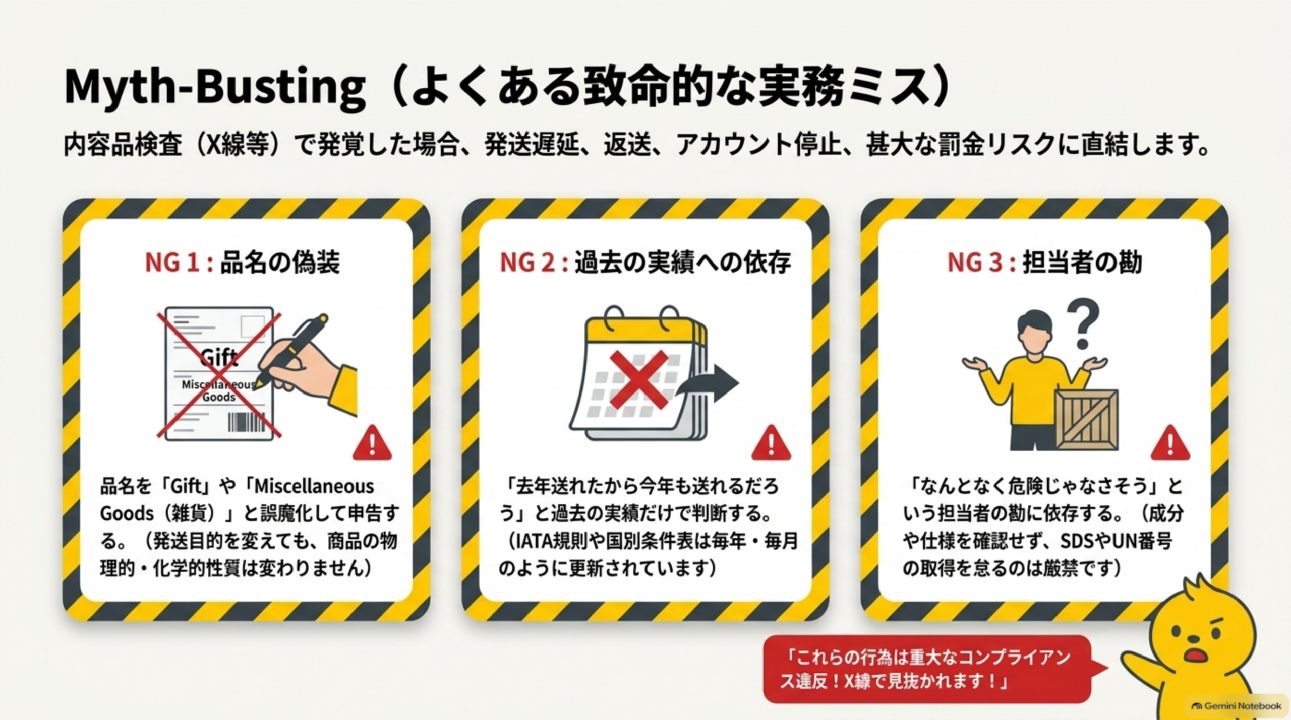 内容品検査(X線等)で発覚した場合、発送遅延・返送・アカウント停止・甚大な罰金リスクに直結する。NG1品名の偽装(GiftやMiscellaneous Goodsと誤魔化して申告)、NG2過去の実績への依存(去年送れたから今年もという判断)、NG3担当者の勘(成分や仕様を確認せずSDSやUN番号の取得を怠る)