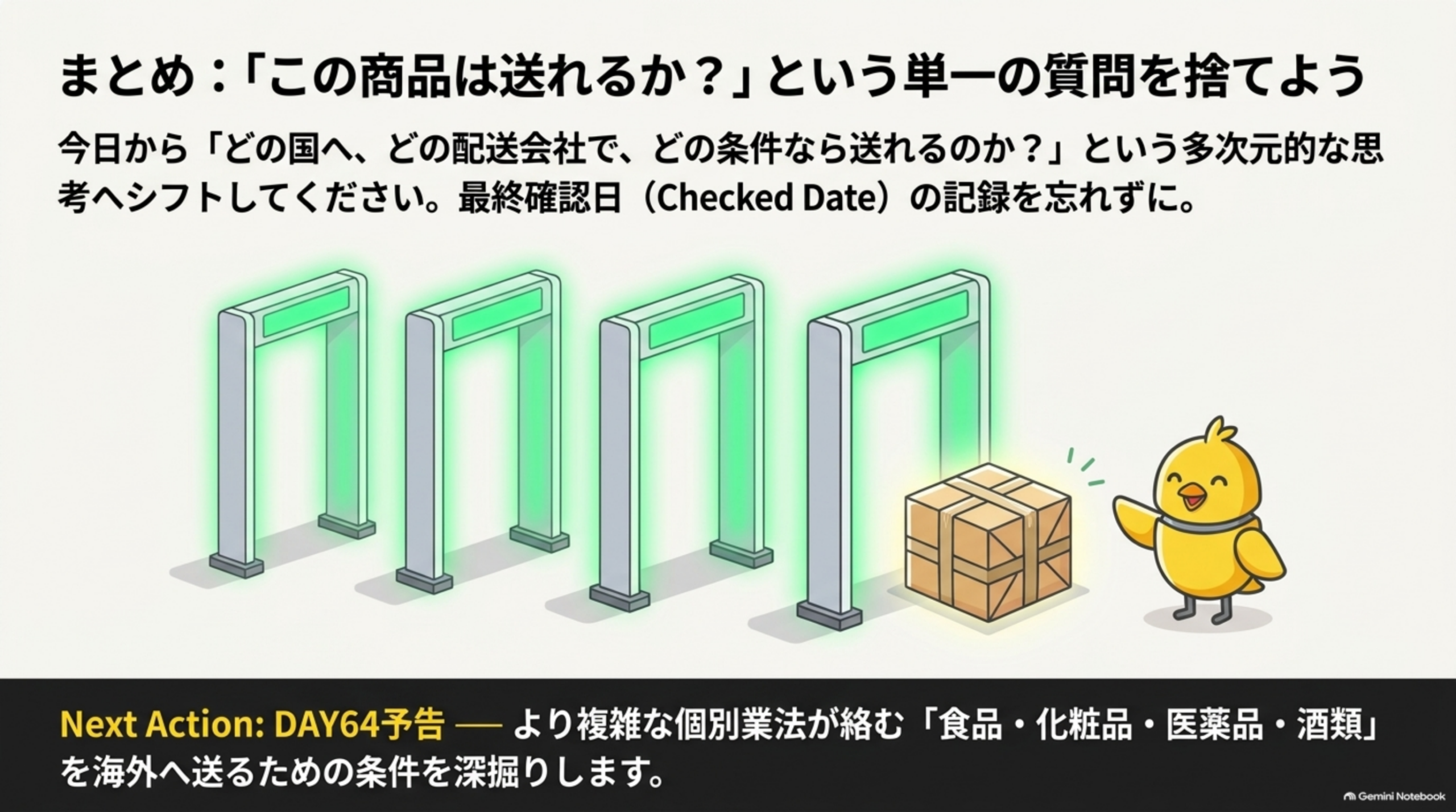 まとめ：この商品は送れるか？という単一の質問を捨てよう。どの国へ、どの配送会社で、どの条件なら送れるのかという多次元的な思考へシフトし、最終確認日(Checked Date)の記録を忘れずに。次回DAY64は食品・化粧品・医薬品・酒類を海外へ送るための条件を深掘り