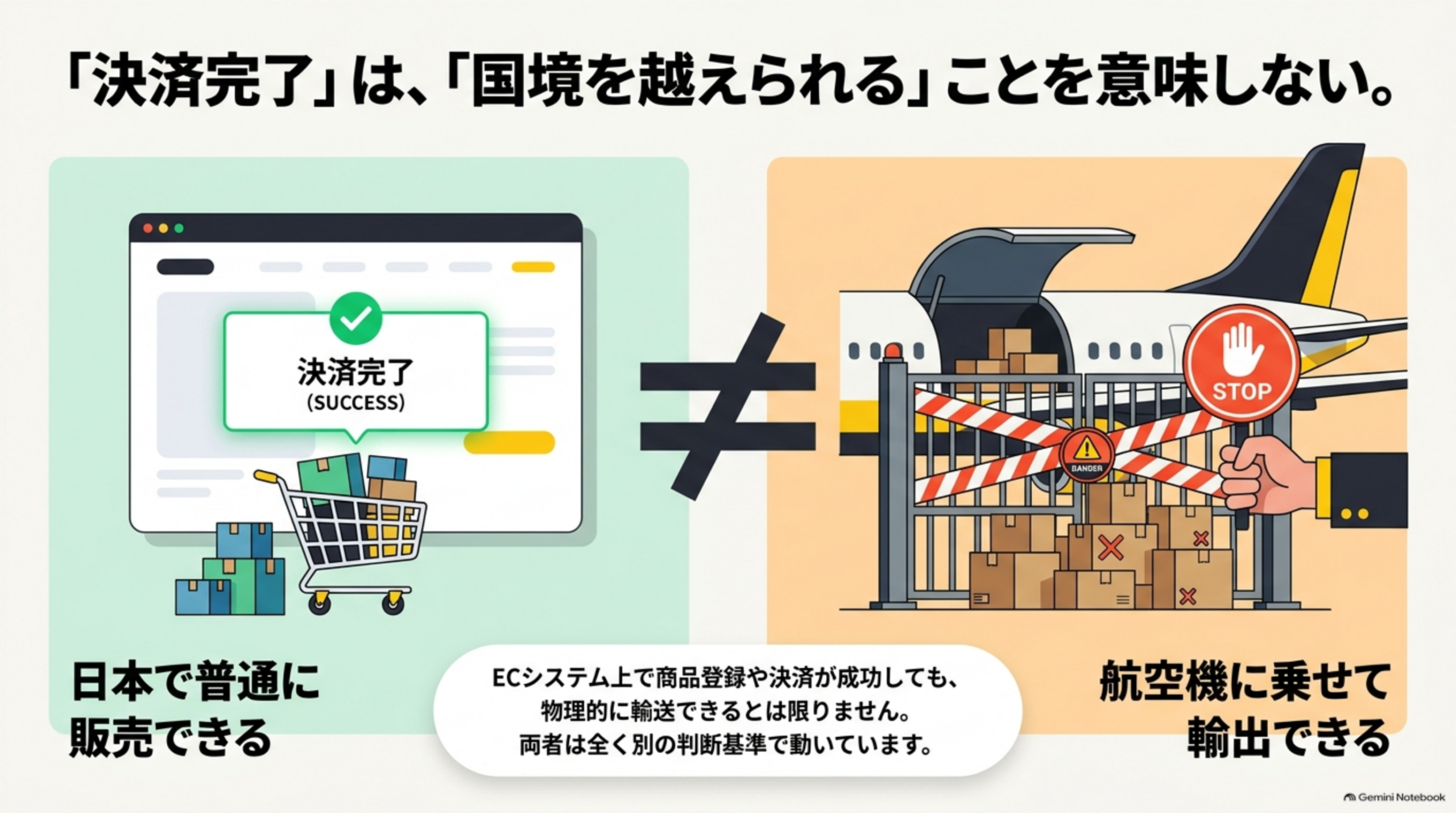 「決済完了」は「国境を越えられる」ことを意味しない。ECシステム上で商品登録や決済が成功しても物理的に輸送できるとは限らず、両者は全く別の判断基準で動いている