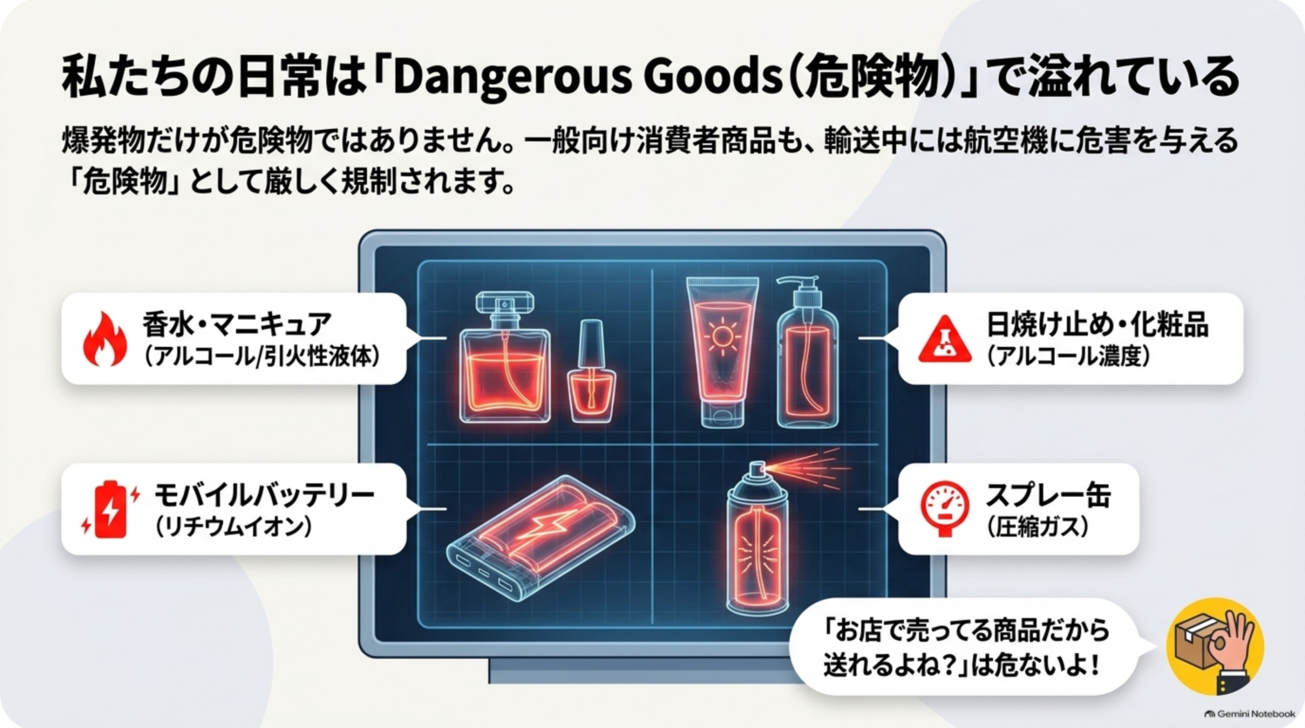 爆発物だけが危険物ではない。香水・マニキュア(アルコール/引火性液体)、日焼け止め・化粧品(アルコール濃度)、モバイルバッテリー(リチウムイオン)、スプレー缶(圧縮ガス)など一般向け消費者商品も輸送中には航空機に危害を与える危険物として厳しく規制される