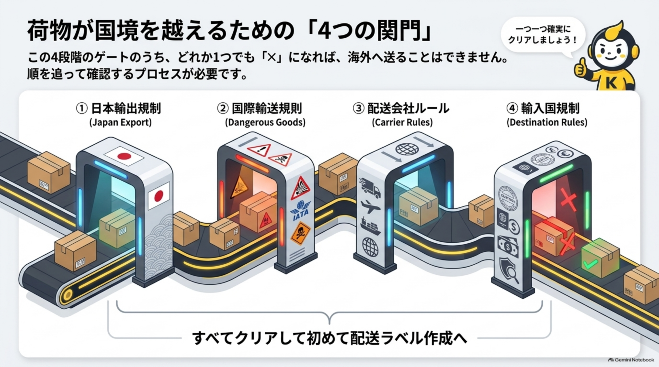 荷物が国境を越えるための4つの関門：①日本輸出規制②国際輸送規則(Dangerous Goods)③配送会社ルール(Carrier Rules)④輸入国規制(Destination Rules)。すべてクリアして初めて配送ラベル作成へ
