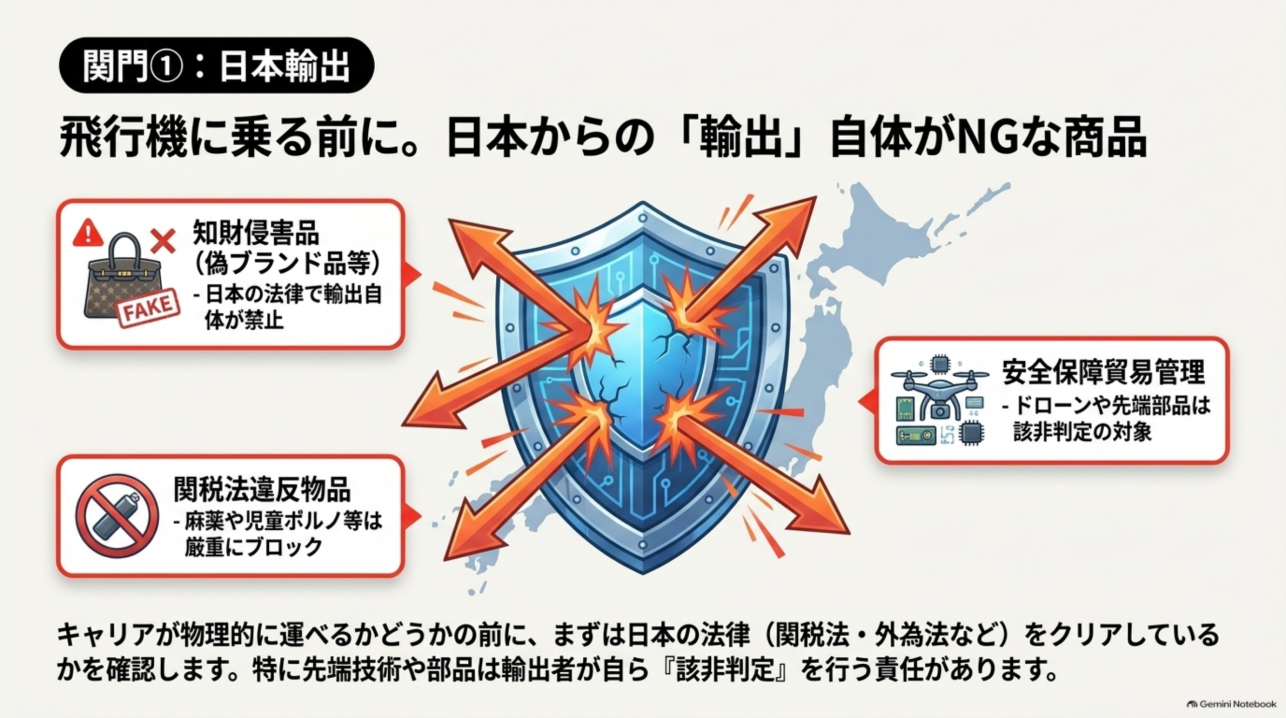 飛行機に乗る前に。日本からの輸出自体がNGな商品：知財侵害品(偽ブランド品等)は日本の法律で輸出自体が禁止、関税法違反物品(麻薬や児童ポルノ等)は厳重にブロック、安全保障貿易管理(ドローンや先端部品は該非判定の対象)