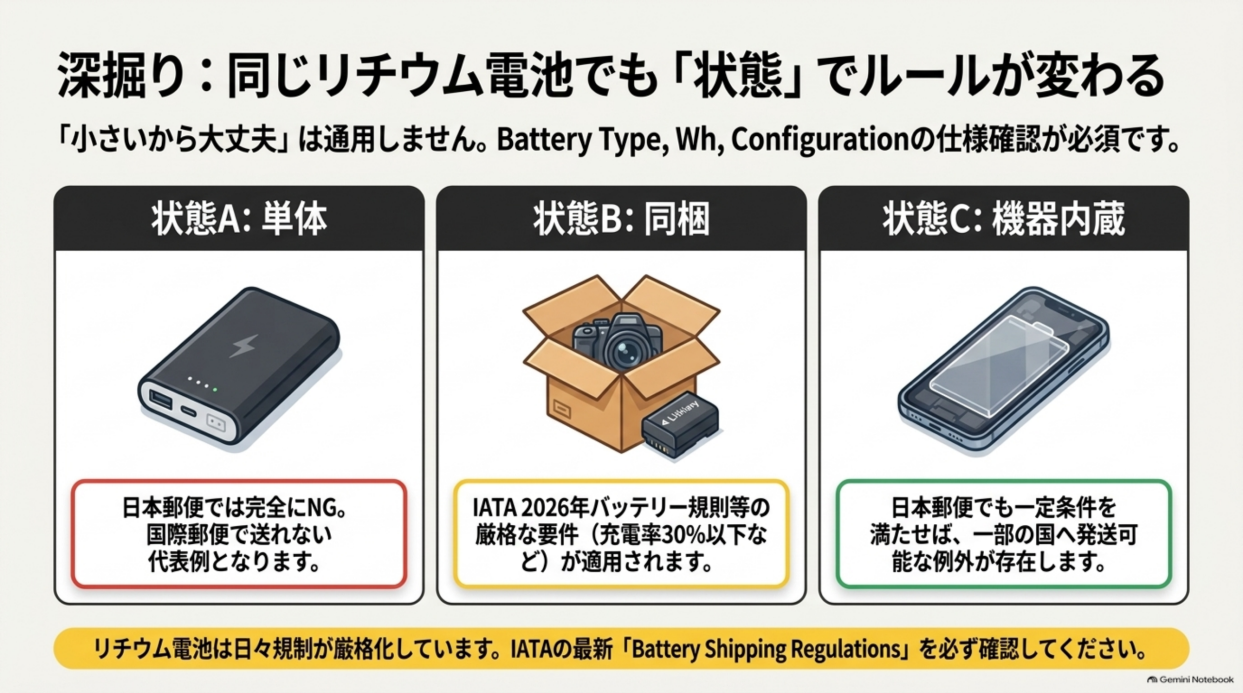 同じリチウム電池でも状態でルールが変わる。状態A単体：日本郵便では完全にNGで国際郵便で送れない代表例。状態B機器と同梱：IATA2026年バッテリー規則等の厳格な要件(充電率30%以下など)が適用。状態C機器内蔵：日本郵便でも一定条件を満たせば一部の国へ発送可能な例外が存在