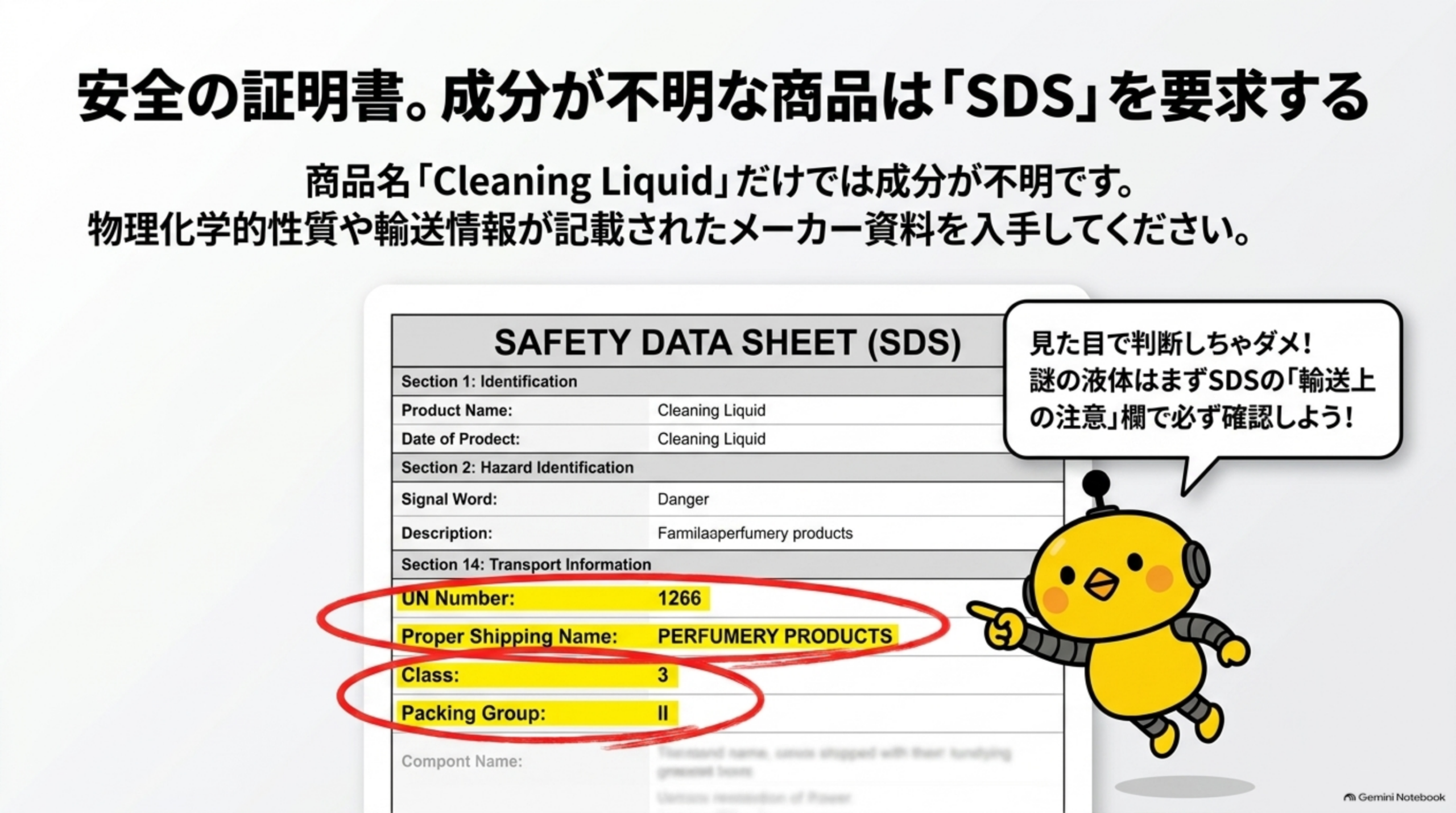 安全の証明書。商品名Cleaning Liquidだけでは成分が不明。Safety Data Sheet(SDS)のSection14 Transport Informationに記載されるUN Number・Proper Shipping Name・Class・Packing Groupを確認する