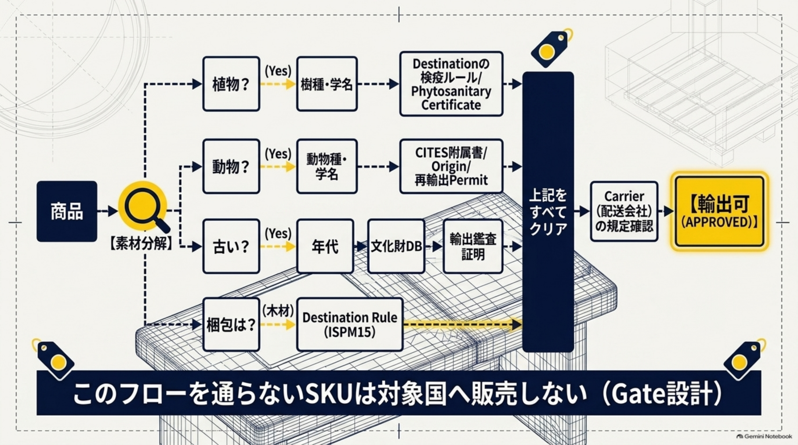 商品を植物か動物か古いか梱包はどうかで分岐させ植物検疫CITES文化財ISPM15をすべてクリアしたSKUのみ輸出可とするゲート設計のフロー図