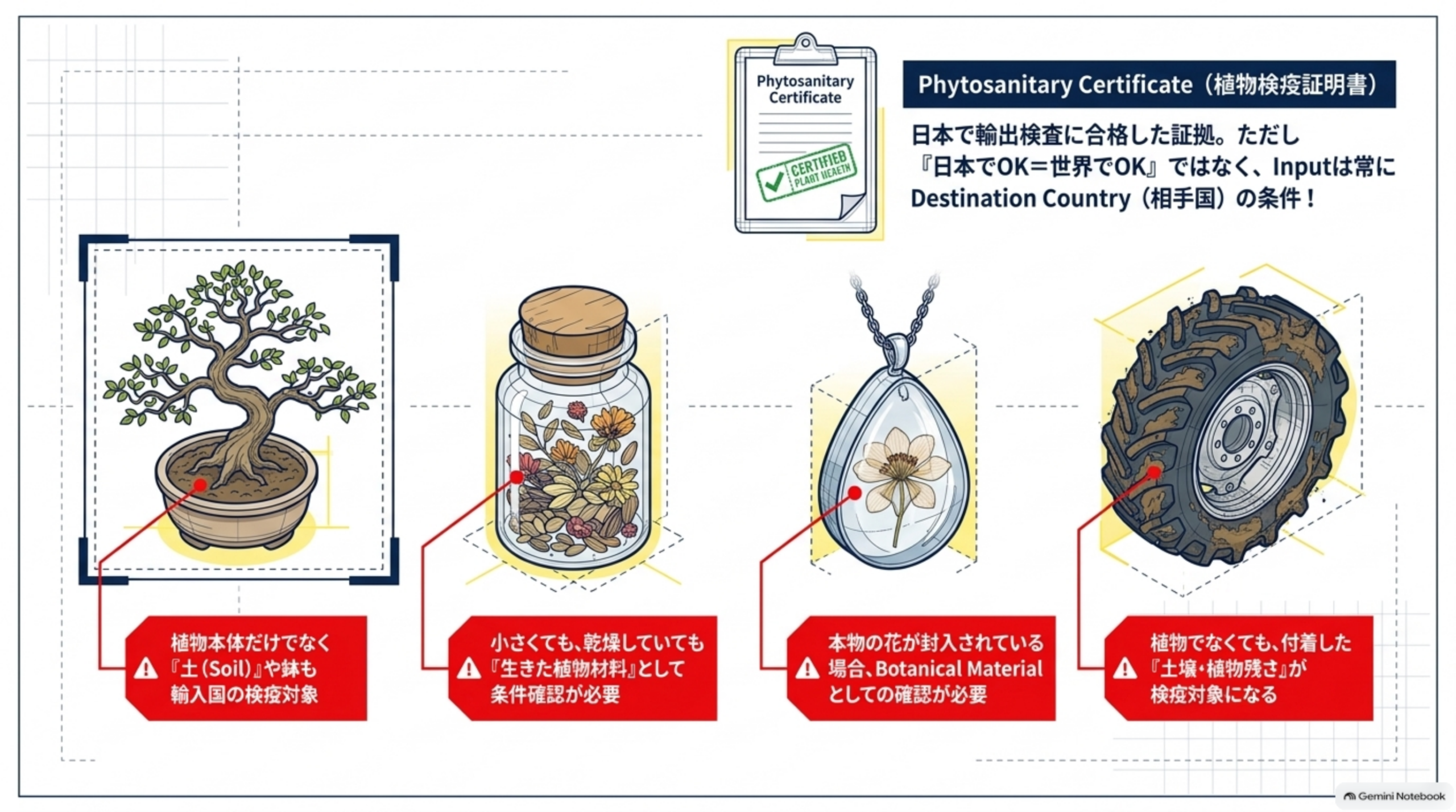 Phytosanitary Certificateの説明と、盆栽・封入された花・種子・中古農業機械など植物検疫の対象になり得る例