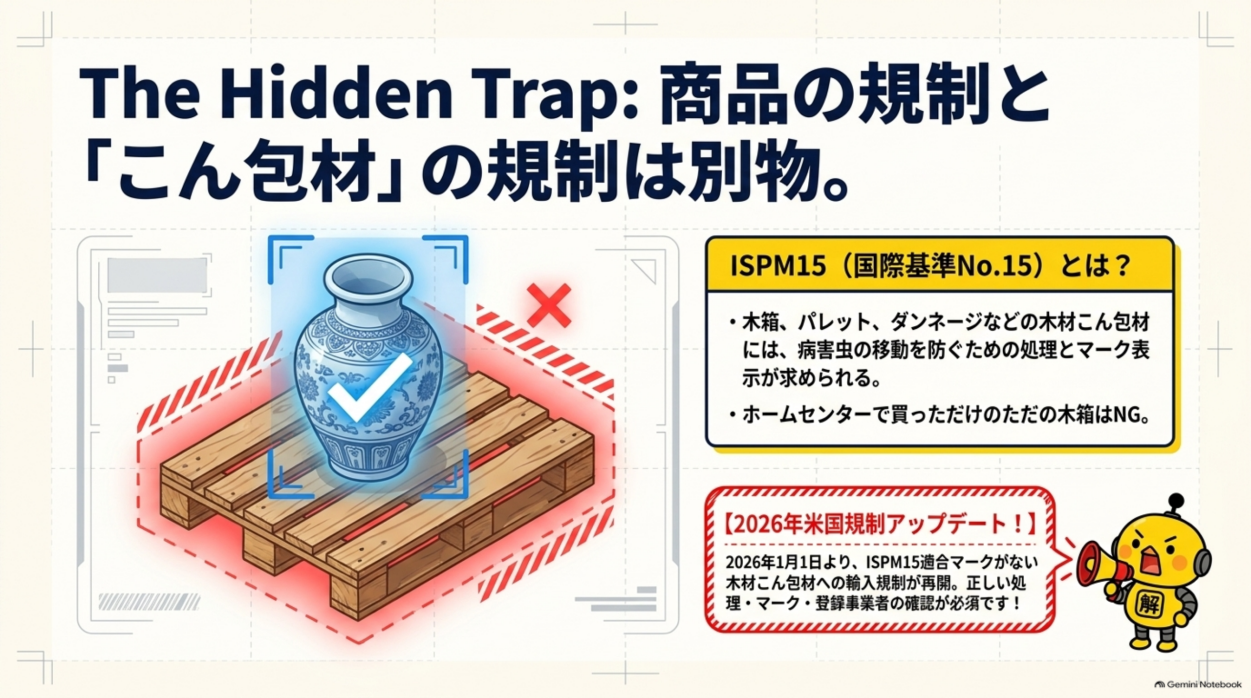 商品の規制と梱包材の規制は別物であることを示す図。ISPM15とは木製パレットや木箱などの木材こん包材に求められる処理・マーク表示の国際基準