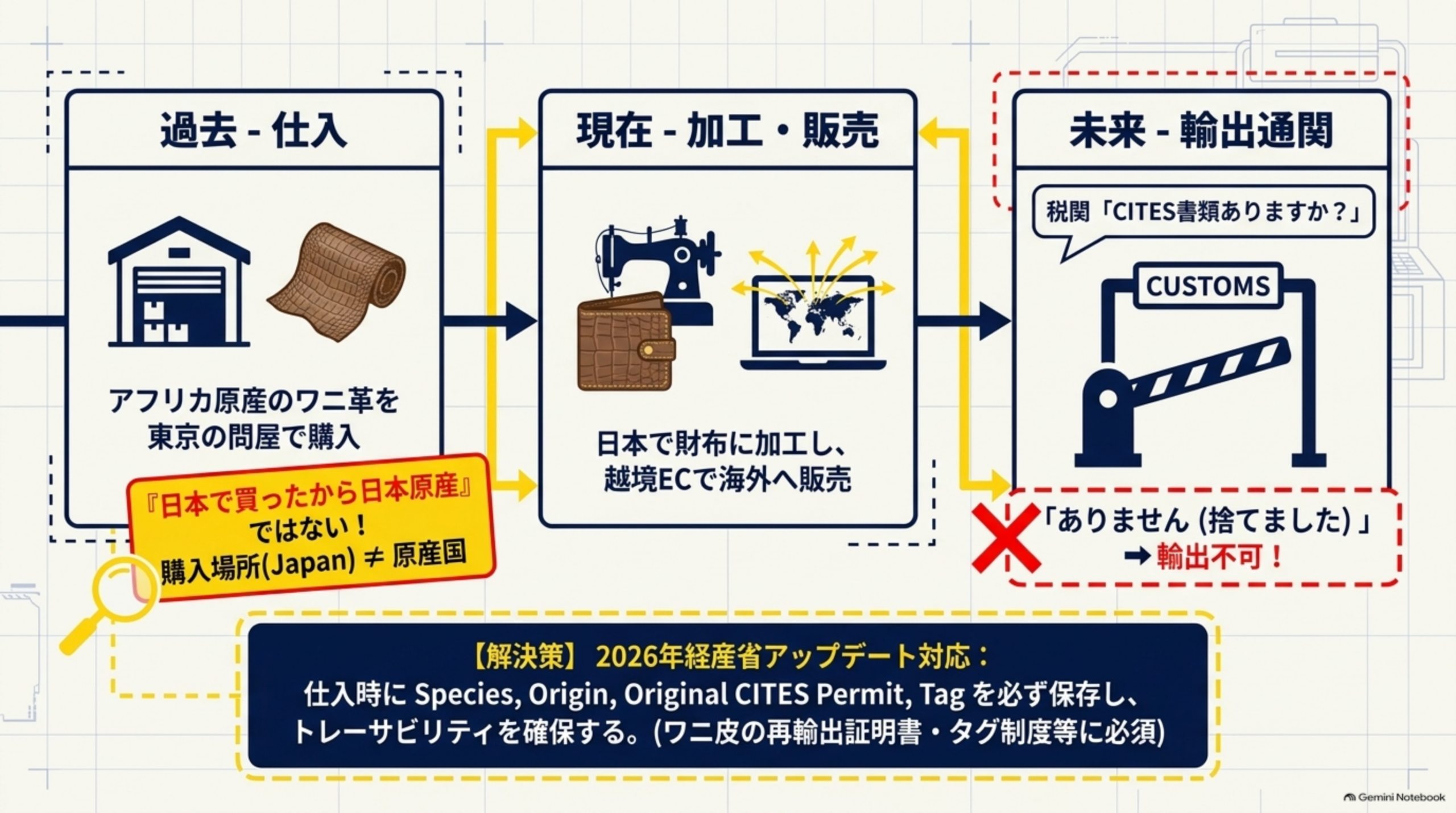 アフリカ原産のワニ革を東京で購入し日本で加工・販売しても原産国は変わらず、再輸出時にCITES書類が必要になることを示す仕入から輸出通関までのフロー図