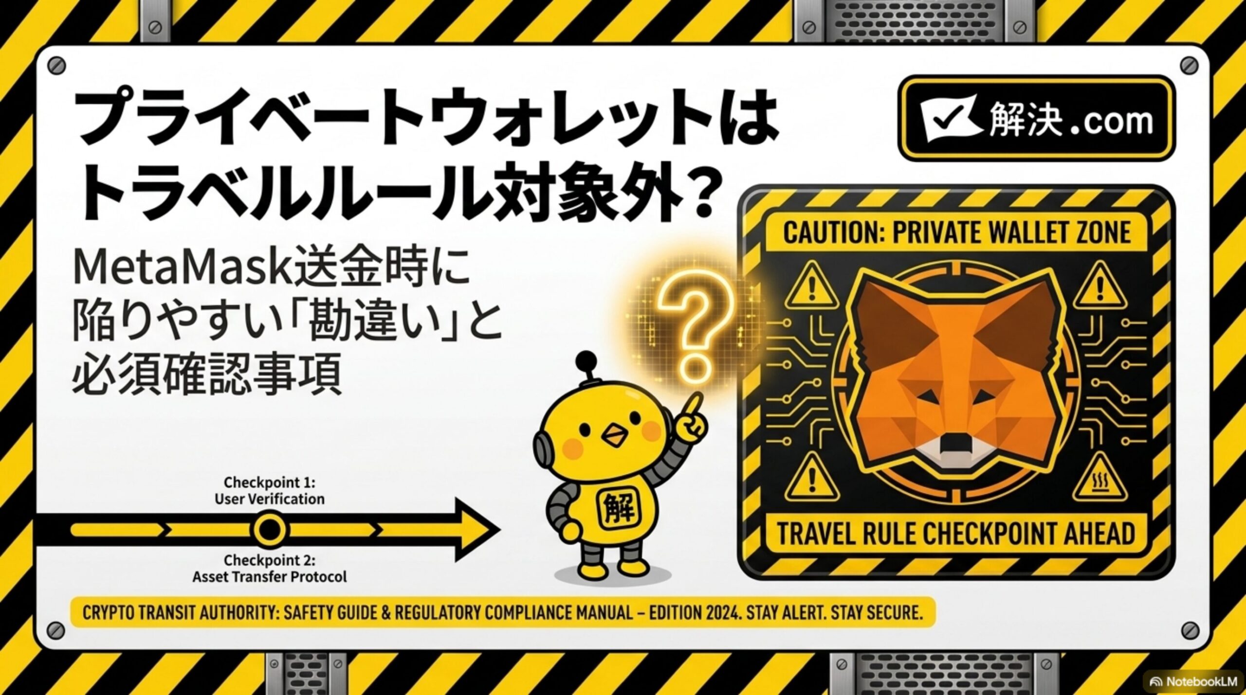 プライベートウォレットはトラベルルール対象外？MetaMask送金時に陥りやすい「勘違い」と必須確認事項というタイトルスライド。CAUTION: PRIVATE WALLET ZONE / TRAVEL RULE CHECKPOINT AHEADと書かれた警戒標識とMetaMaskのキツネアイコン、Checkpoint 1: User Verification、Checkpoint 2: Asset Transfer Protocolという工程表示