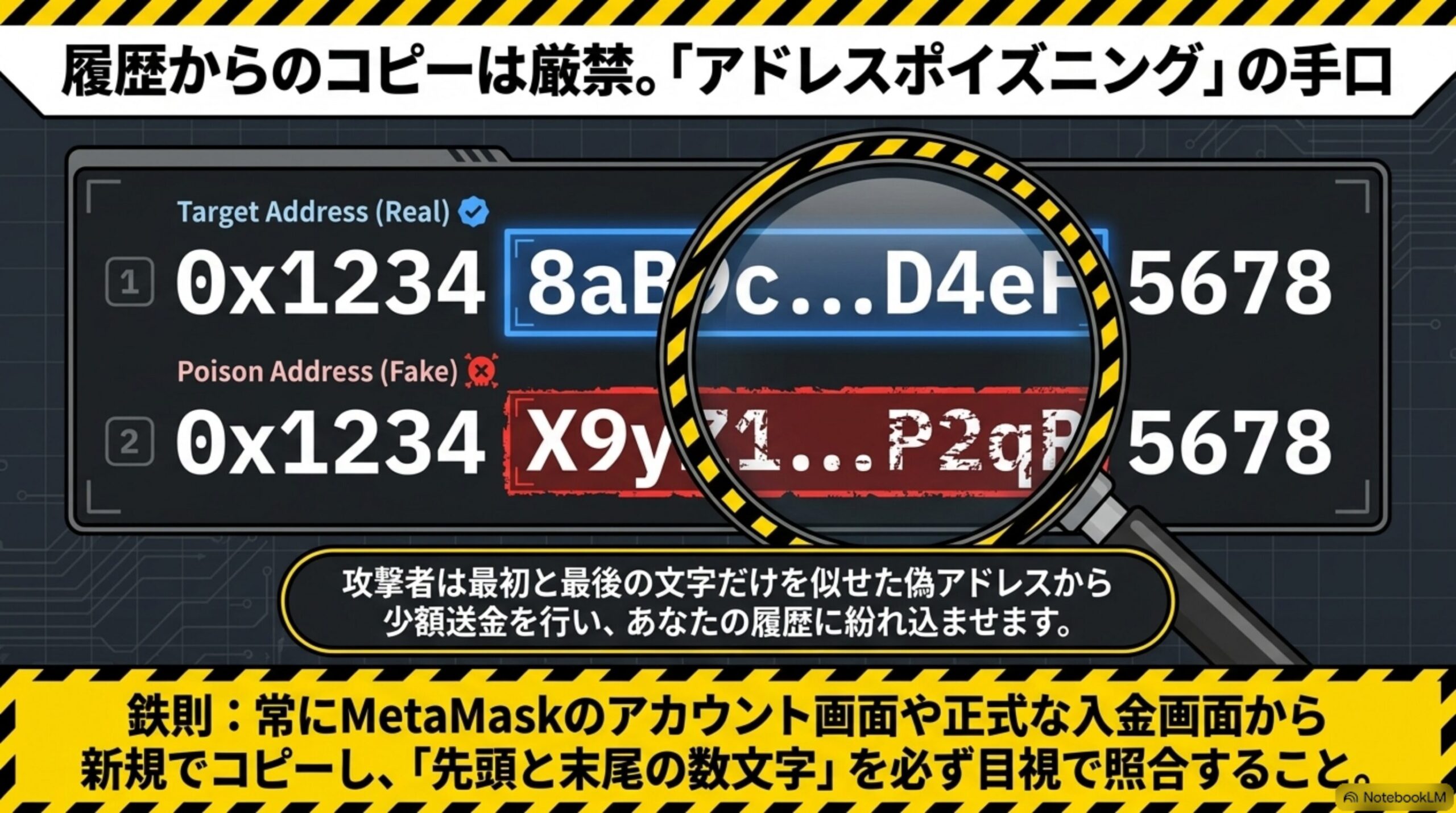 履歴からのコピーは厳禁。「アドレスポイズニング」の手口を示す図解。Target Address(Real・青)の0x1234 8aBbc...D4eF 5678とPoison Address(Fake・赤)の0x1234 X9yZ1...P2qP 5678を虫眼鏡で比較し、攻撃者は最初と最後の文字だけを似せた偽アドレスから少額送金を行い、あなたの履歴に紛れ込ませます。鉄則：常にMetaMaskのアカウント画面や正式な入金画面から新規でコピーし、「先頭と末尾の数文字」を必ず目視で照合することという結論