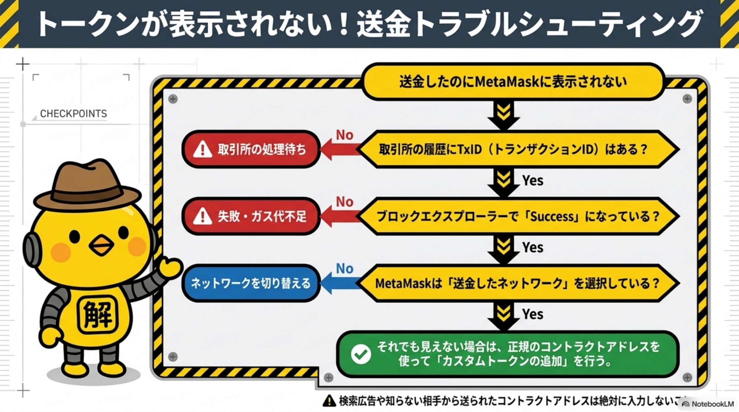 トークンが表示されない！送金トラブルシューティングを示すフローチャート。送金したのにMetaMaskに表示されない→取引所の履歴にTxID(トランザクションID)はある？No:取引所の処理待ち→ブロックエクスプローラーで「Success」になっている？No:失敗・ガス代不足→MetaMaskは「送金したネットワーク」を選択している？No:ネットワークを切り替える→それでも見えない場合は、正規のコントラクトアドレスを使って「カスタムトークンの追加」を行うという診断フロー