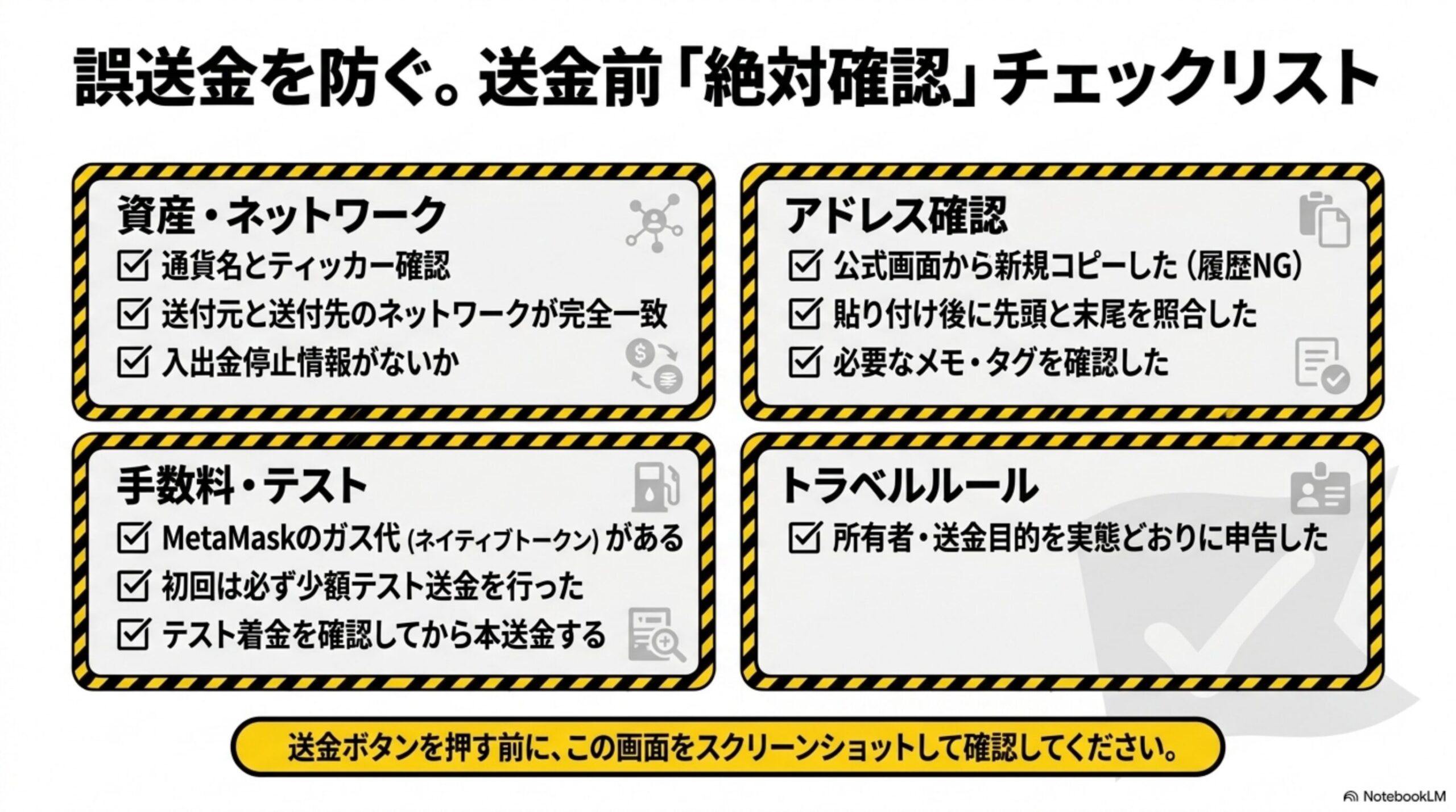 誤送金を防ぐ。送金前「絶対確認」チェックリストを示す図解。資産・ネットワーク（通貨名とティッカー確認、送付元と送付先のネットワークが完全一致、入出金停止情報がないか）、アドレス確認（公式画面から新規コピーした、貼り付け後に先頭と末尾を照合した、必要なメモ・タグを確認した）、手数料・テスト（MetaMaskのガス代がある、初回は必ず少額テスト送金を行った、テスト着金を確認してから本送金する）、トラベルルール（所有者・送金目的を実態どおりに申告した）という4カテゴリの図解