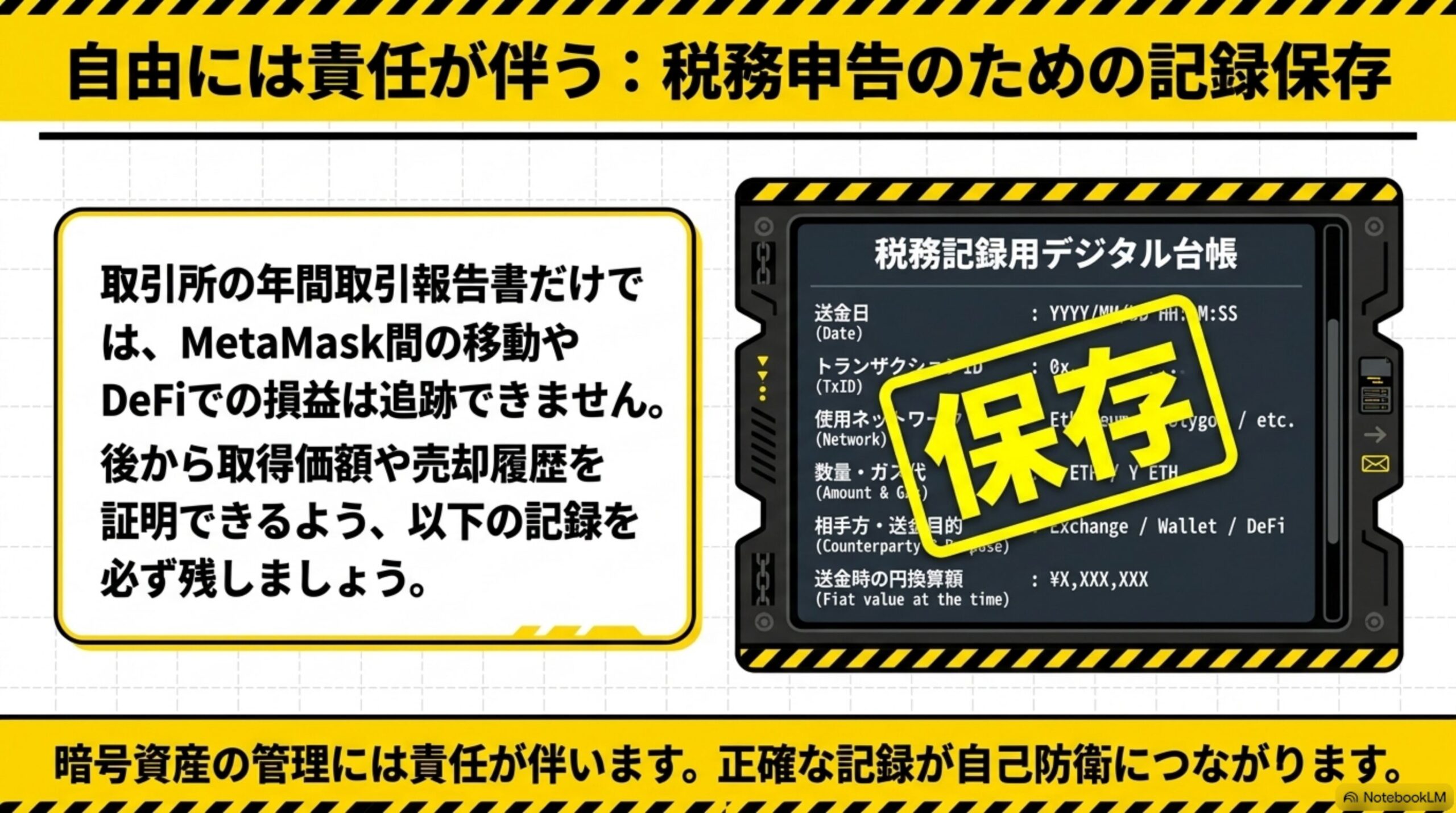 自由には責任が伴う：税務申告のための記録保存を示すデジタル台帳のモックアップ図解。取引所の年間取引報告書だけでは、MetaMask間の移動やDeFiでの損益は追跡できません。後から取得価額や売却履歴を証明できるよう記録を残しましょうという説明と、送金日・トランザクションID・使用ネットワーク・数量ガス代・相手方送金目的・送金時の円換算額を記録する台帳の図解