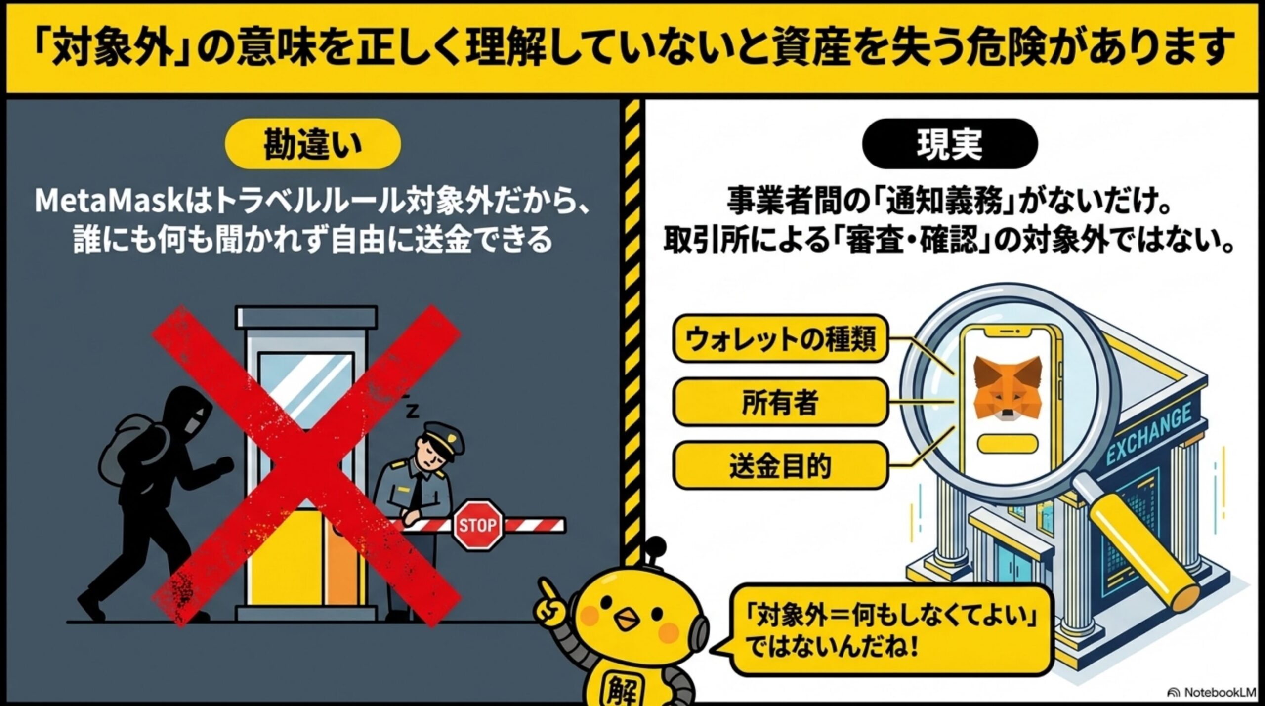 「対象外」の意味を正しく理解していないと資産を失う危険がありますという見出しと、勘違い（MetaMaskはトラベルルール対象外だから、誰にも何も聞かれず自由に送金できる）と現実（事業者間の「通知義務」がないだけ。取引所による「審査・確認」の対象外ではない。ウォレットの種類・所有者・送金目的を確認される）を対比する図解。カイピヨくんが「対象外＝何もしなくてよい」ではないんだね！と話す吹き出し付き