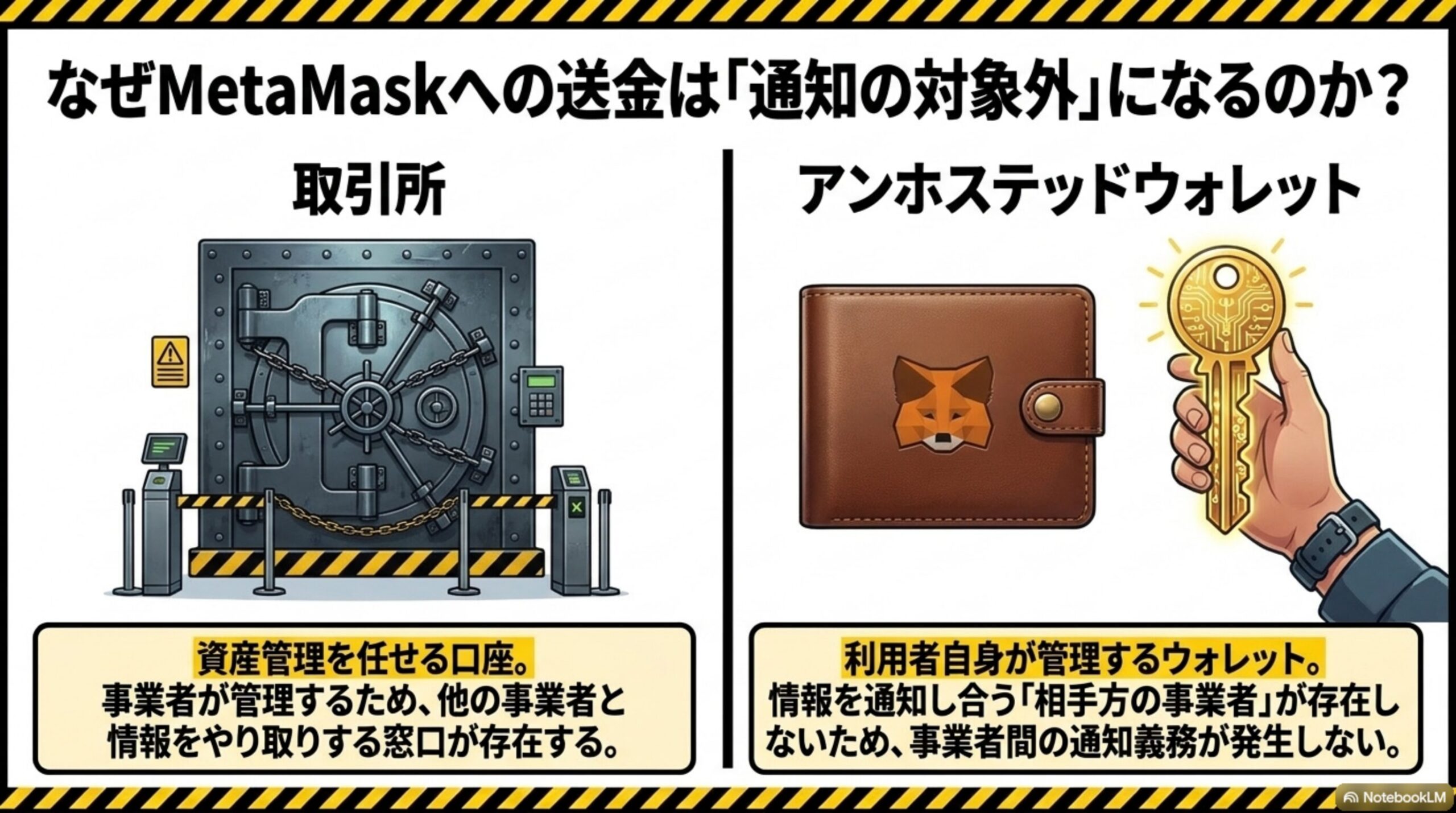 なぜMetaMaskへの送金は「通知の対象外」になるのか？を示す図解。取引所(資産管理を任せる口座。事業者が管理するため、他の事業者と情報をやり取りする窓口が存在する)を示す金庫のイラストと、アンホステッドウォレット(利用者自身が管理するウォレット。情報を通知し合う「相手方の事業者」が存在しないため、事業者間の通知義務が発生しない)を示す財布と鍵のイラストを対比する