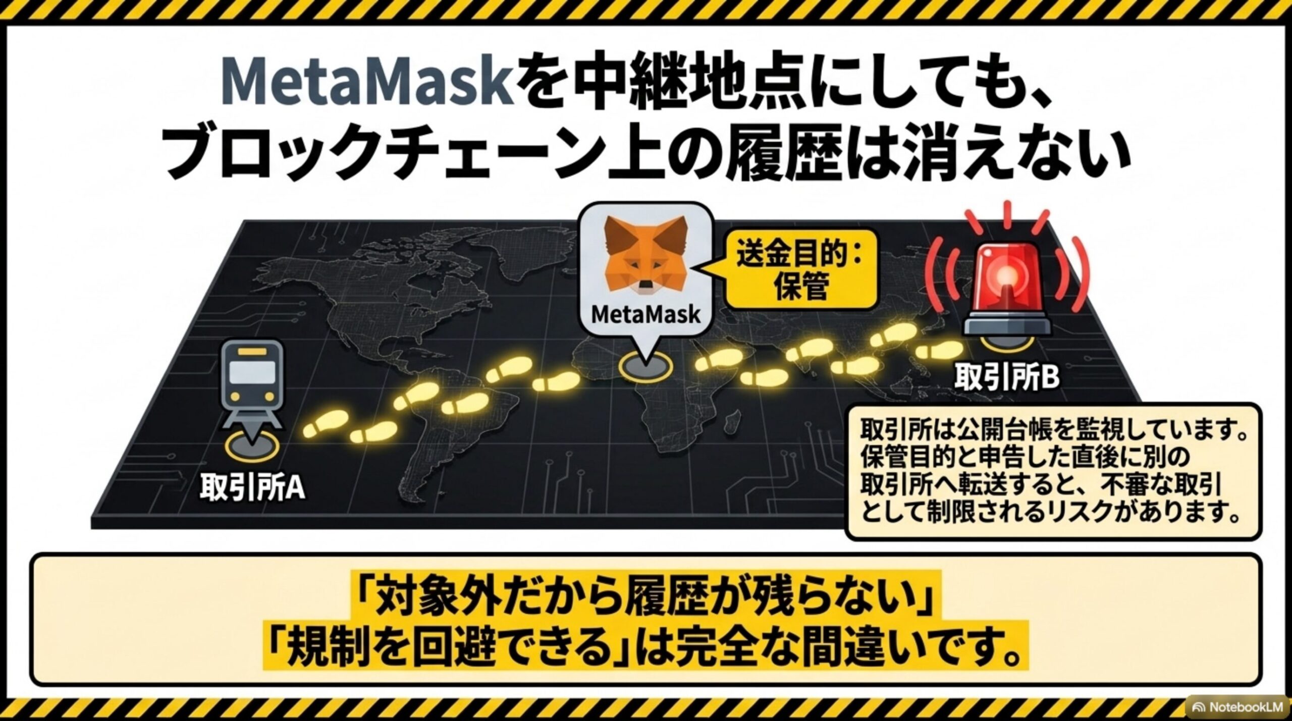 MetaMaskを中継地点にしても、ブロックチェーン上の履歴は消えないという見出しと、取引所AからMetaMaskへ足跡が続き、送金目的：保管と申告した後、取引所Bへ転送すると赤い警報が鳴る世界地図の図解。取引所は公開台帳を監視しています。保管目的と申告した直後に別の取引所へ転送すると、不審な取引として制限されるリスクがありますという説明付き