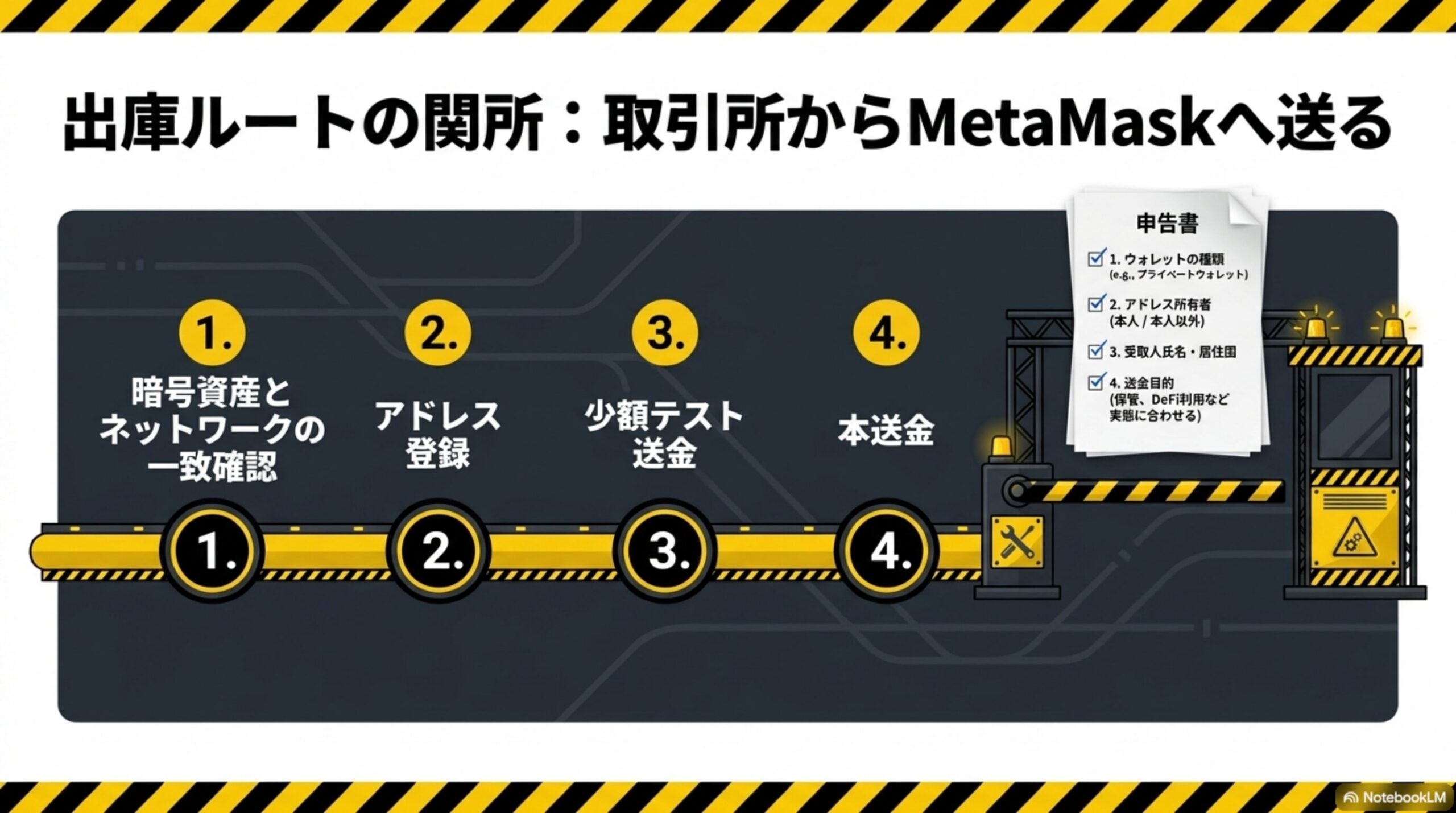 出庫ルートの関所：取引所からMetaMaskへ送るという見出しと、①暗号資産とネットワークの一致確認②アドレス登録③少額テスト送金④本送金という4ステップのベルトコンベア図解、申告書として1.ウォレットの種類(プライベートウォレット)2.アドレス所有者(本人/本人以外)3.受取人氏名・居住国4.送金目的(保管、DeFi利用など実態に合わせる)というチェックリスト付き