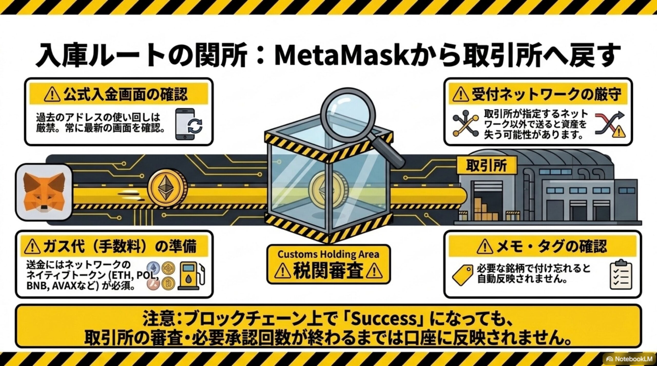 入庫ルートの関所：MetaMaskから取引所へ戻すという見出しと、公式入金画面の確認・受付ネットワークの厳守・ガス代(手数料)の準備・メモ・タグの確認という4つの警告ボックスと、Customs Holding Area 税関審査を通過するコンベア図解。ブロックチェーン上で「Success」になっても、取引所の審査・必要承認回数が終わるまでは口座に反映されませんという注意