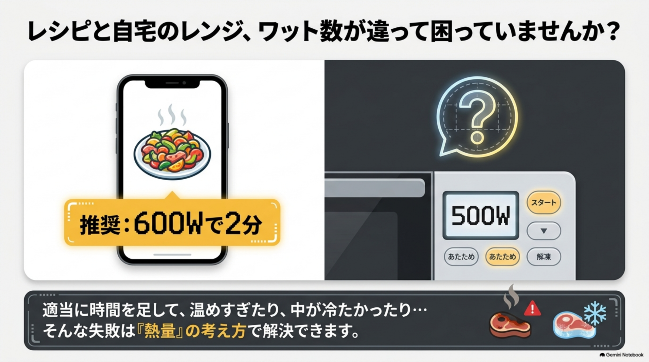 電子レンジのワット数と加熱時間を換算する考え方