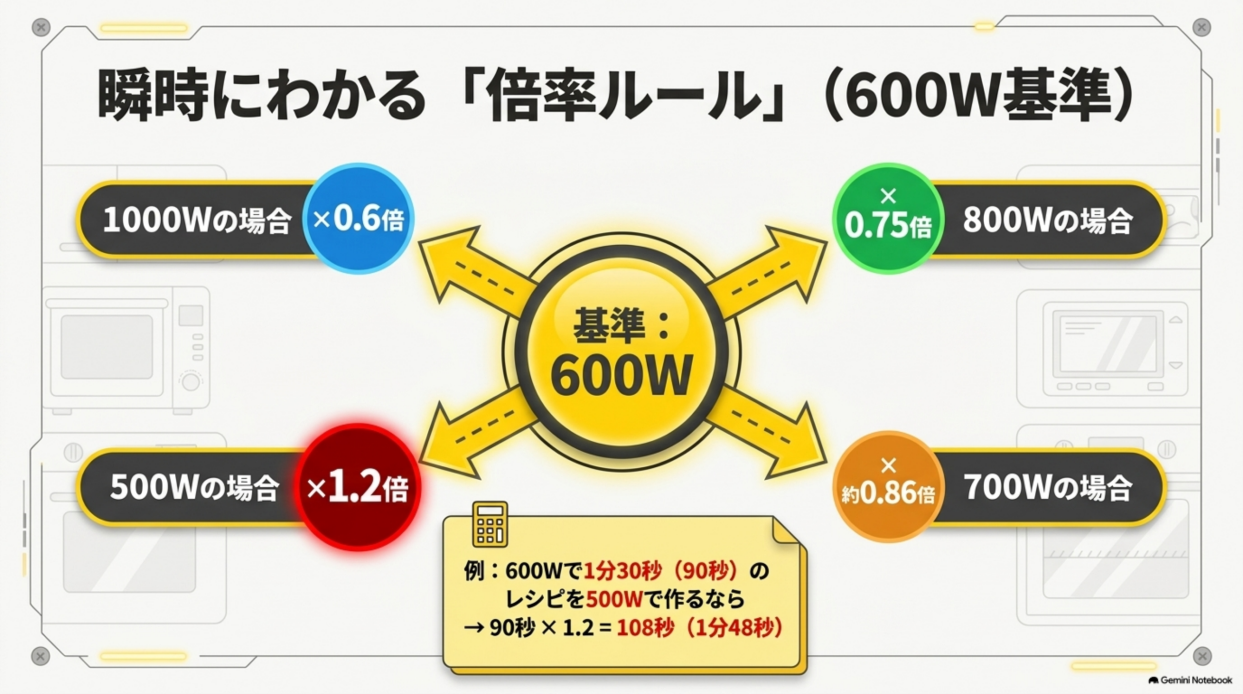 電子レンジの熱量とワット数と時間の基本関係