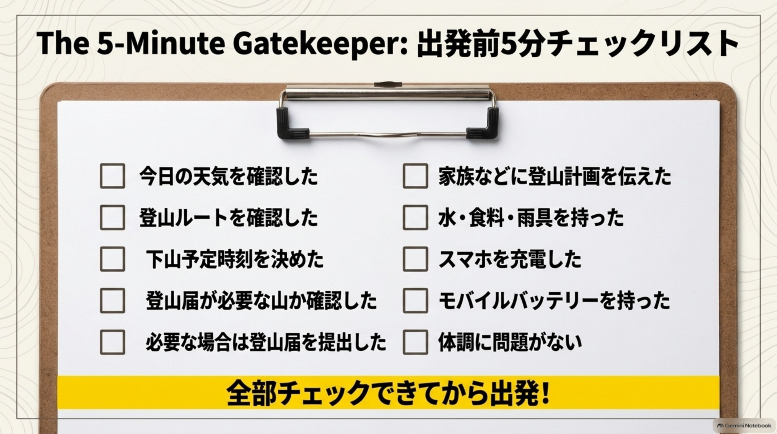 The 5-Minute Gatekeeper：出発前5分チェックリストという見出しと、クリップボードに留められた10項目のチェックリスト(今日の天気を確認した／登山ルートを確認した／下山予定時刻を決めた／登山届が必要な山か確認した／必要な場合は登山届を提出した／家族などに登山計画を伝えた／水・食料・雨具を持った／スマホを充電した／モバイルバッテリーを持った／体調に問題がない)、全部チェックできてから出発！という結び