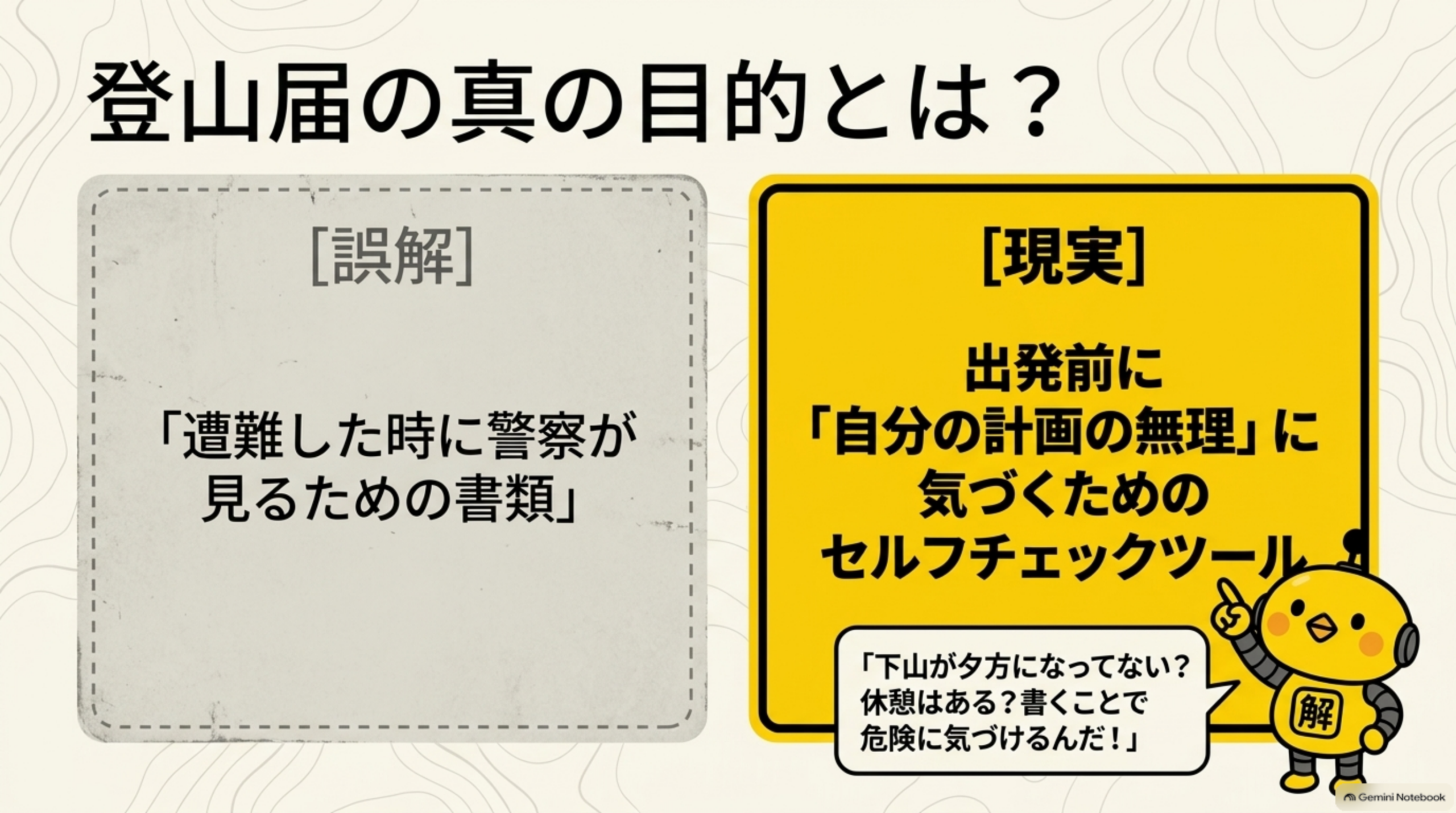 登山届の真の目的とはという見出しと、[誤解]遭難した時に警察が見るための書類、[現実]出発前に「自分の計画の無理」に気づくためのセルフチェックツールを対比する図解、カイピヨくんが「下山が夕方になってない？休憩はある？書くことで危険に気づけるんだ！」と話す吹き出し付き