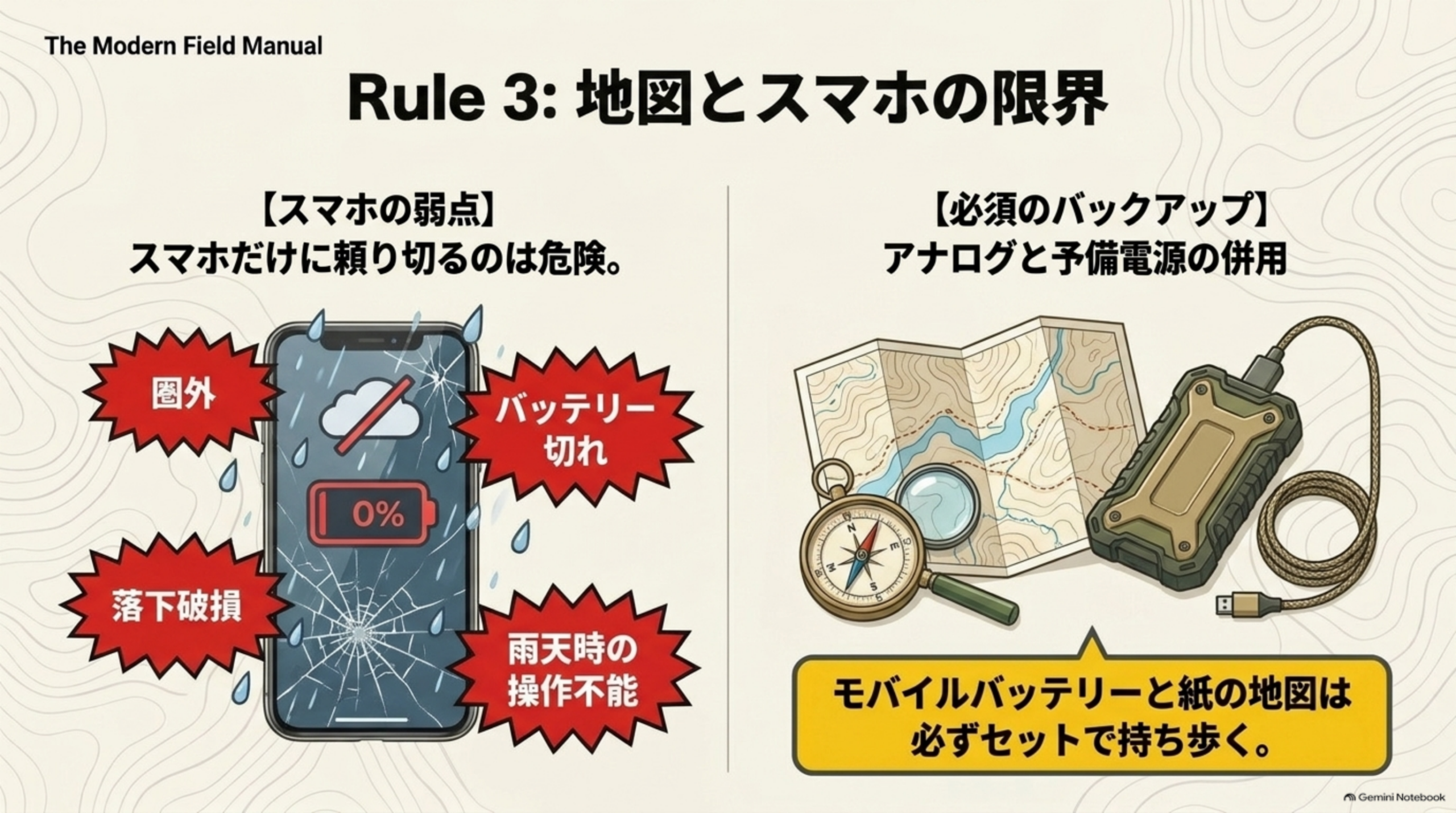Rule3：地図とスマホの限界という見出しと、【スマホの弱点】圏外・バッテリー切れ・落下破損・雨天時の操作不能という4つの警告アイコン、【必須のバックアップ】地図・コンパス・モバイルバッテリーのイラスト、モバイルバッテリーと紙の地図は必ずセットで持ち歩くという結び