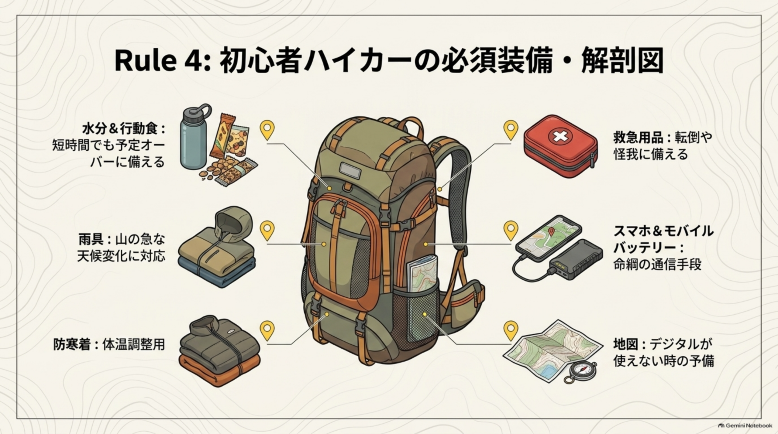 Rule4：初心者ハイカーの必須装備・解剖図という見出しと、バックパックのイラストを中心に、水分&行動食(短時間でも予定オーバーに備える)、雨具(山の急な天候変化に対応)、防寒着(体温調整用)、救急用品(転倒や怪我に備える)、スマホ&モバイルバッテリー(命綱の通信手段)、地図(デジタルが使えない時の予備)という6項目が示される図解