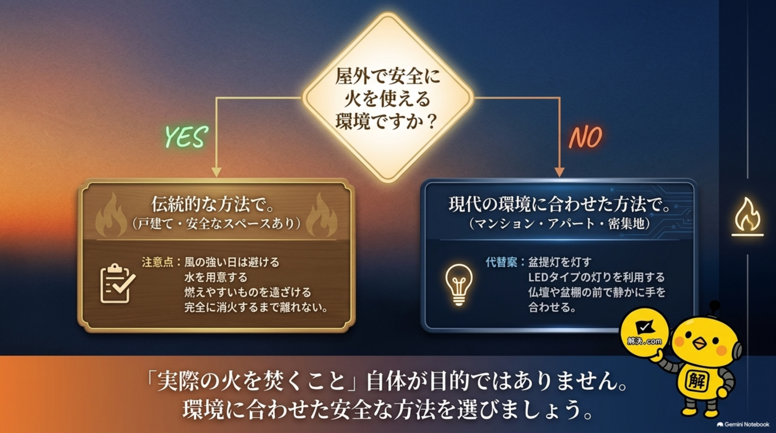 屋外で安全に火を使える環境ですか？YESなら伝統的な方法で（戸建て・安全なスペースあり、注意点は風の強い日は避ける・水を用意する・燃えやすいものを遠ざける・完全に消火するまで離れない）。NOなら現代の環境に合わせた方法で（マンション・アパート・密集地、代替案は盆提灯を灯す・LEDタイプの灯りを利用する・仏壇や盆棚の前で静かに手を合わせる）