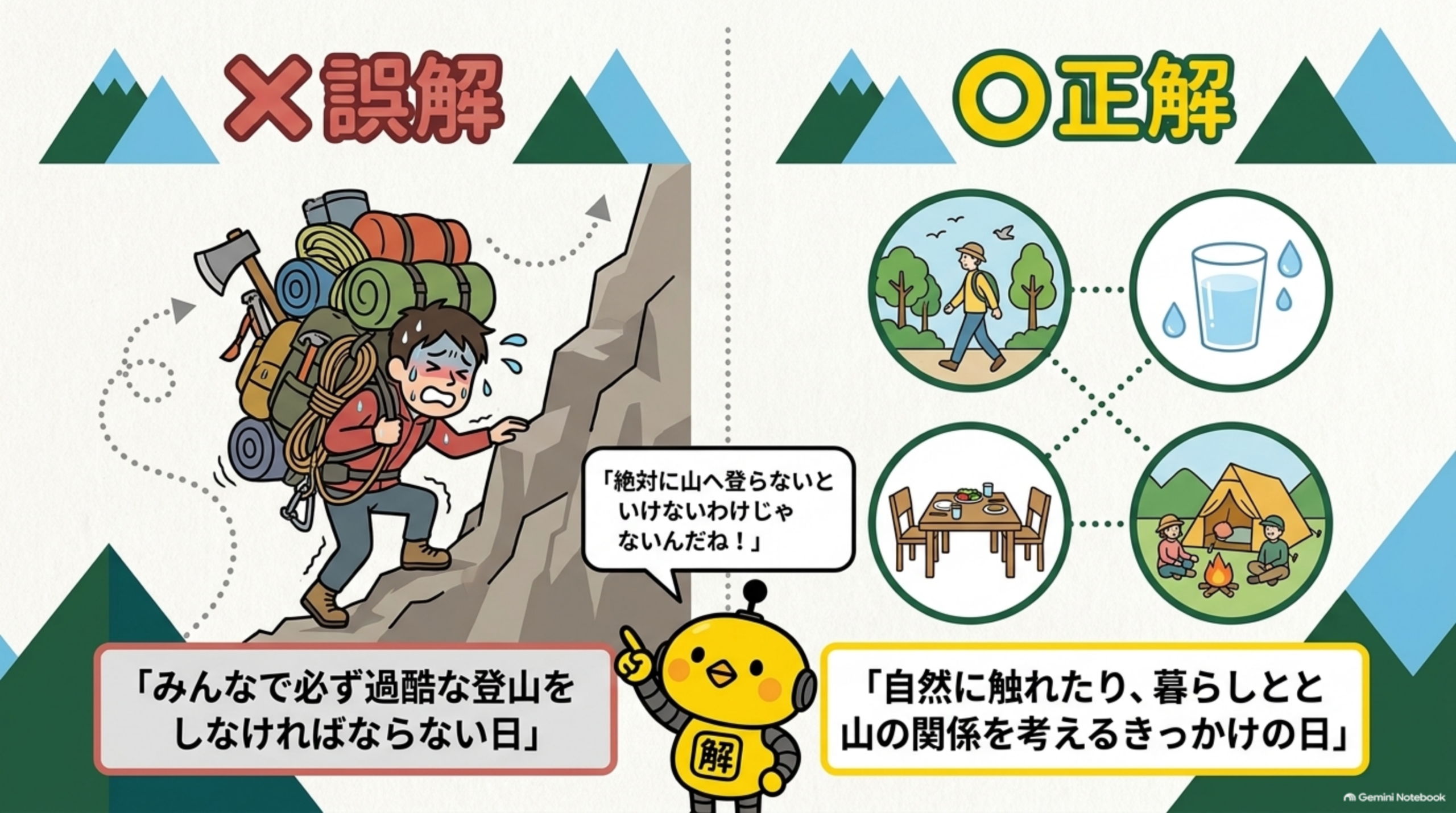 ×誤解「みんなで必ず過酷な登山をしなければならない日」というイラストと、○正解「自然に触れたり、暮らしと山の関係を考えるきっかけの日」として散策・水・食事・キャンプのイラストを対比する図解、カイピヨくんが「絶対に山へ登らないといけないわけじゃないんだね！」と話す吹き出し付き