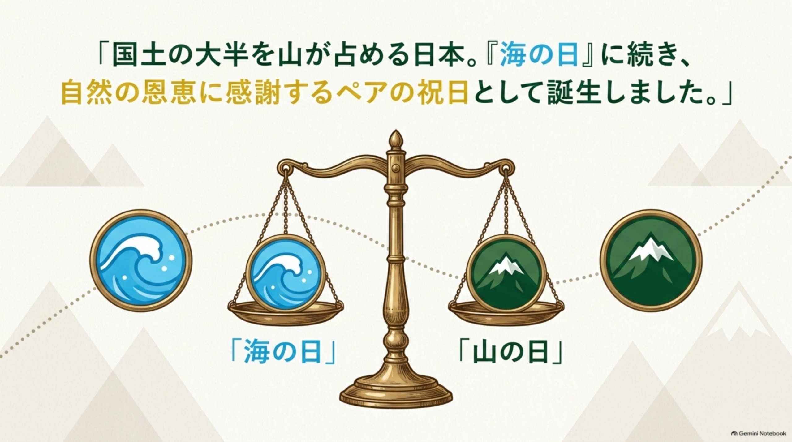 「国土の大半を山が占める日本。海の日に続き、自然の恩恵に感謝するペアの祝日として誕生しました。」という見出しと、天秤の左に波のマークの「海の日」、右に山のマークの「山の日」が釣り合う図解