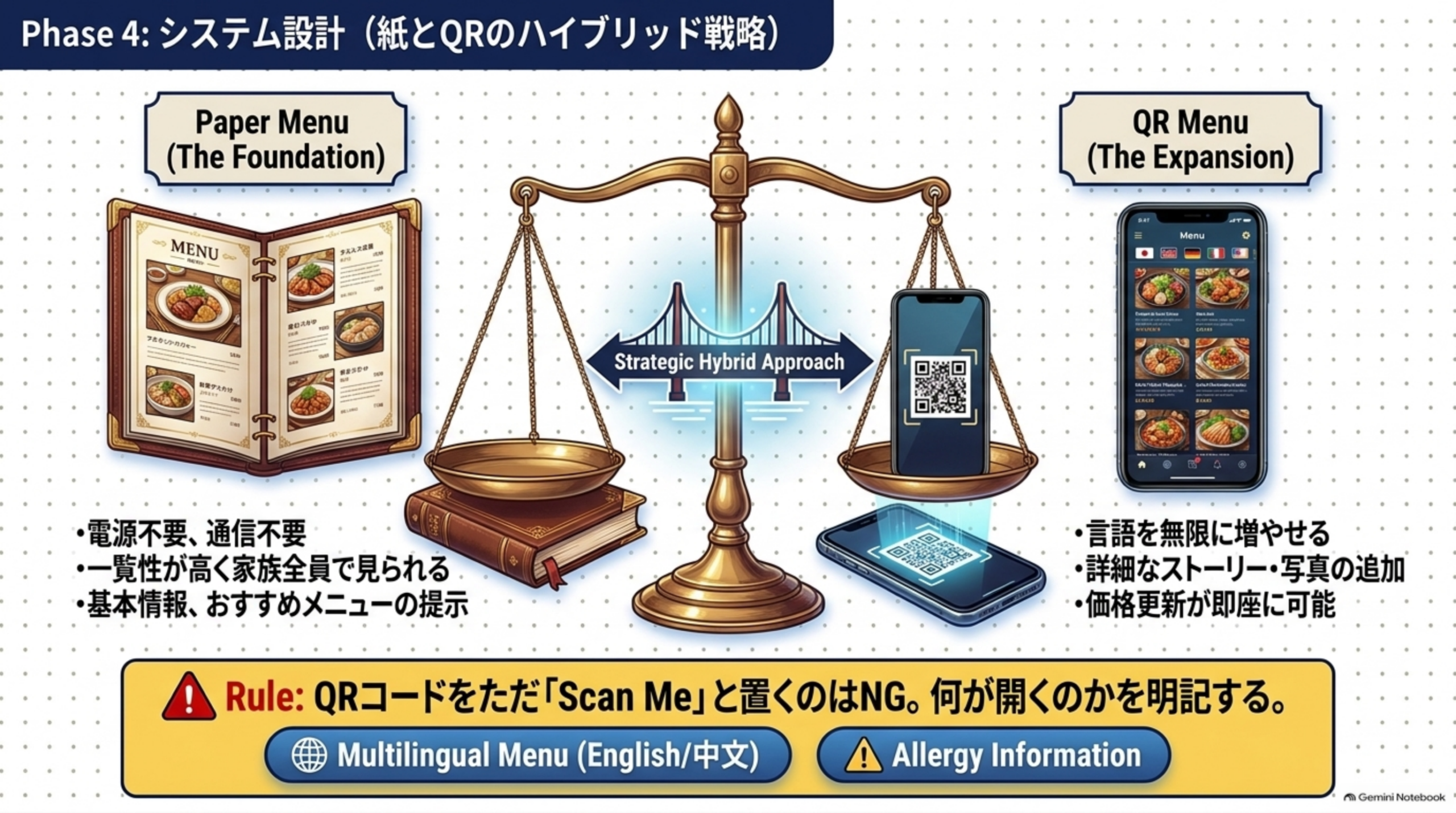 Phase4システム設計。紙メニューは電源不要・通信不要・一覧性が高い、QRメニューは言語を無限に増やせる・価格更新が即座に可能。QRコードはScan Meだけでなく何が開くかを明記