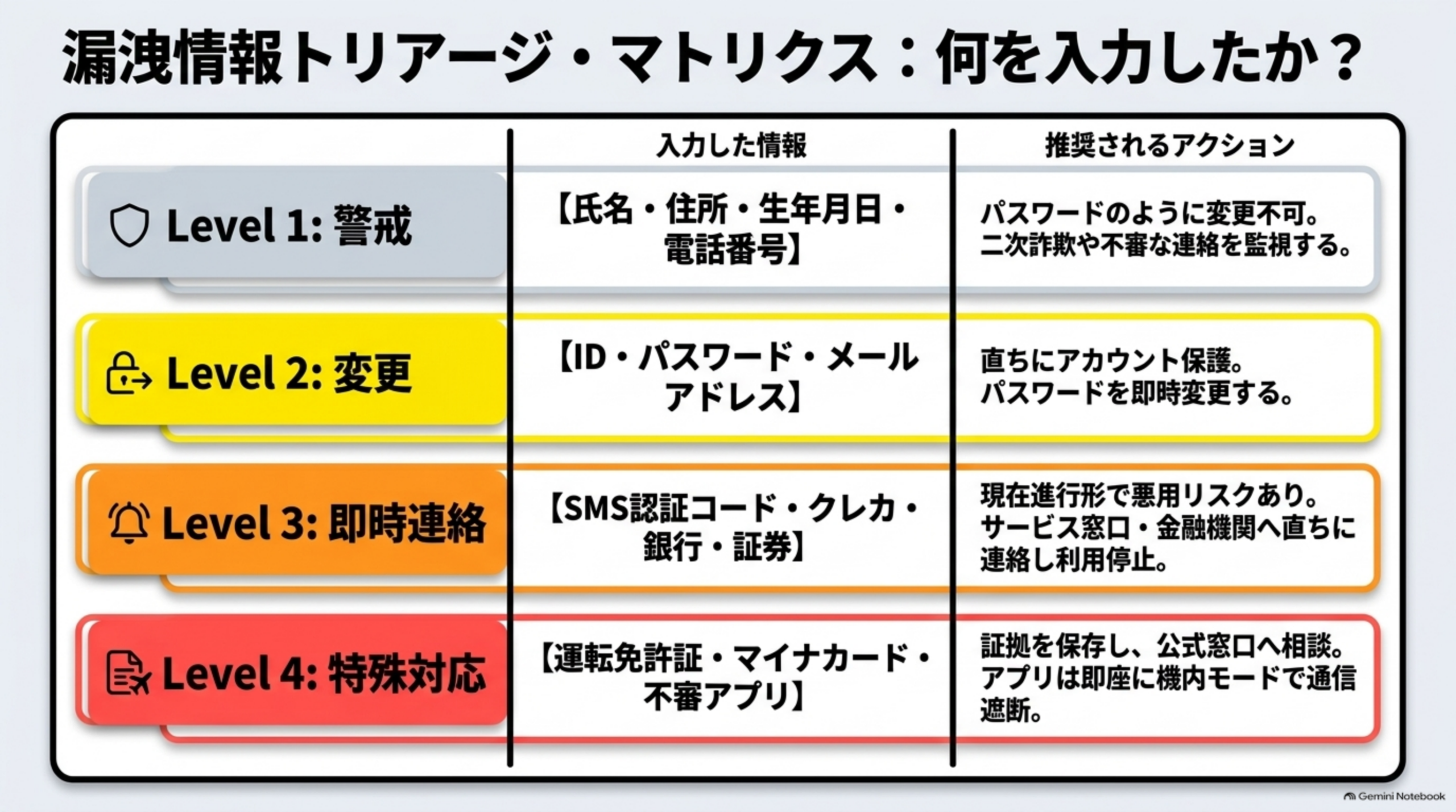 漏洩情報トリアージ・マトリクス Level1警戒からLevel4特殊対応まで